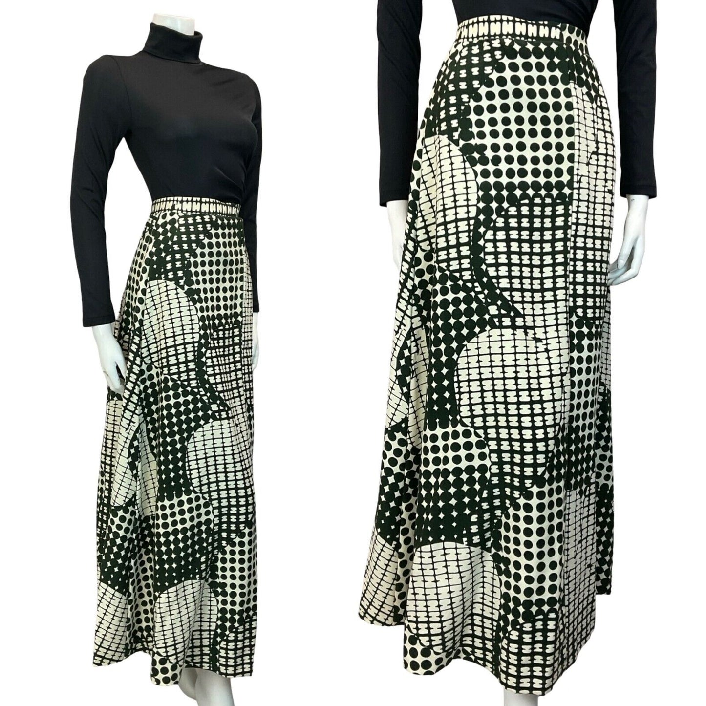 VTG 60S 70S GREEN/BLACK WHITE GEOMETRIC SPOTTY ABSTRACT PRINT MAXI SKIRT SIZE 12