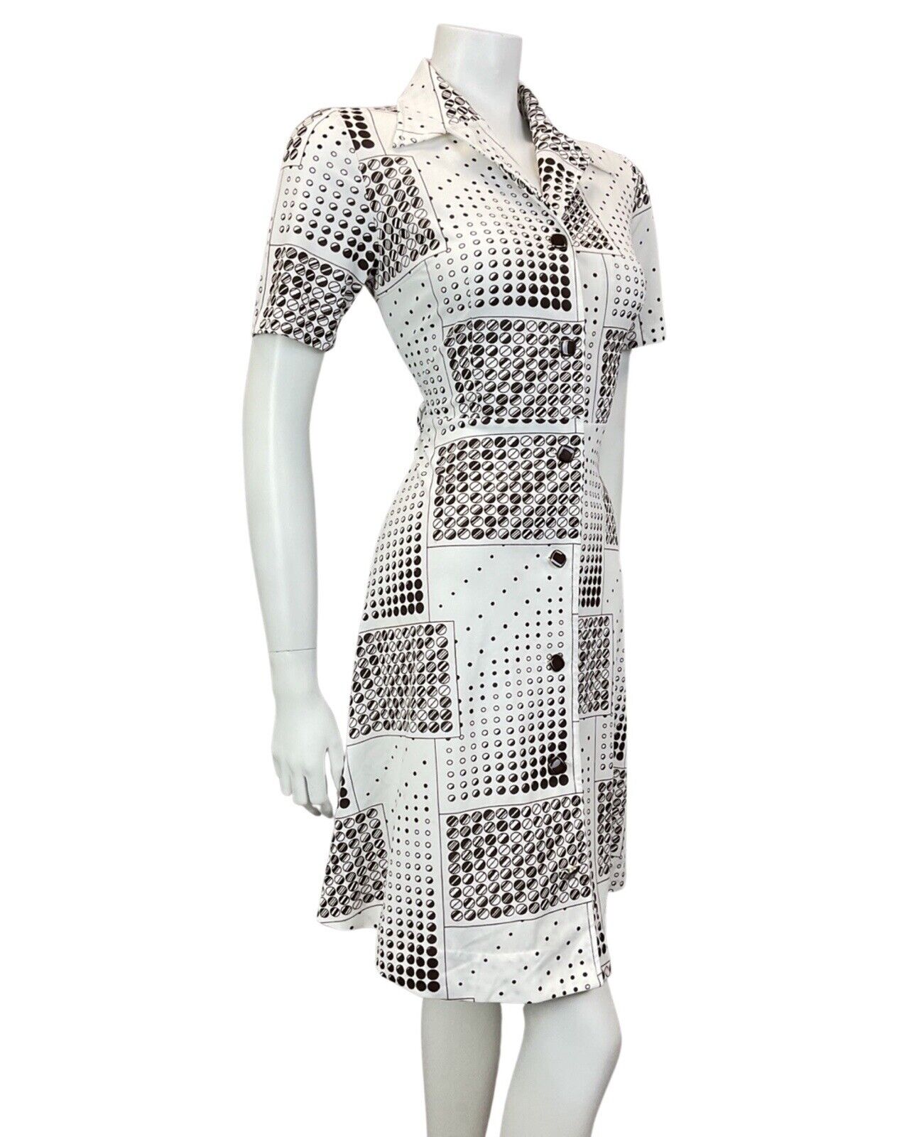 VINTAGE 60s 70s WHITE BROWN DOTTY CIRCLE GEOMETRIC MOD DAGGER SHIRT DRESS 10 12