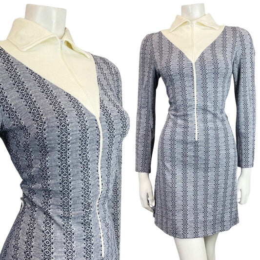 VINTAGE 60s 70s NAVY BLUE CREAM STRIPED ZIP-UP MOD FITTED SHIRT DRESS 10 12