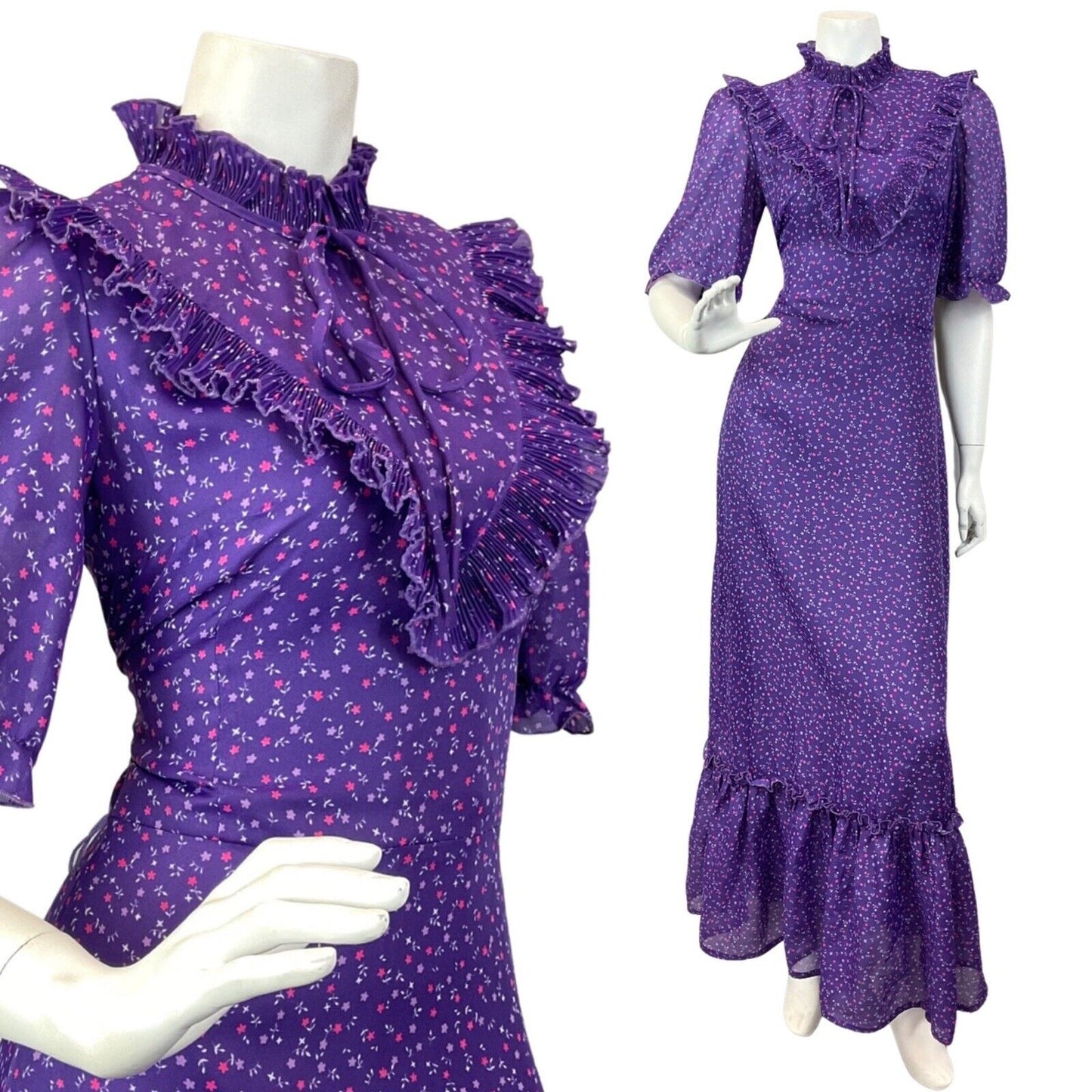 VINTAGE 60s 70s PURPLE PINK WHITE DITSY FLOWER RUFFLE PRAIRIE MAXI DRESS 8 10