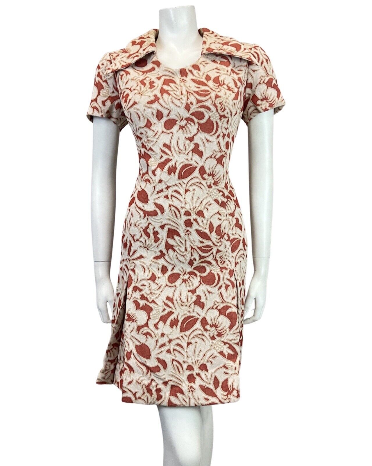 VINTAGE 60s 70s CREAM WHITE RED FLORAL PSYCHEDELIC MOD DAGGER COLLAR DRESS 14