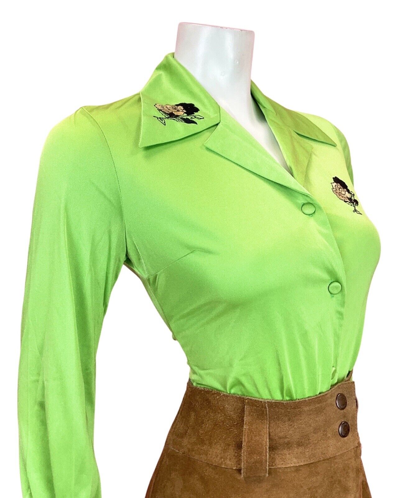 VINTAGE 70s 90s LIME GREEN BLACK EMBROIDERED ROSE MOD DAGGER SHIRT 8 10