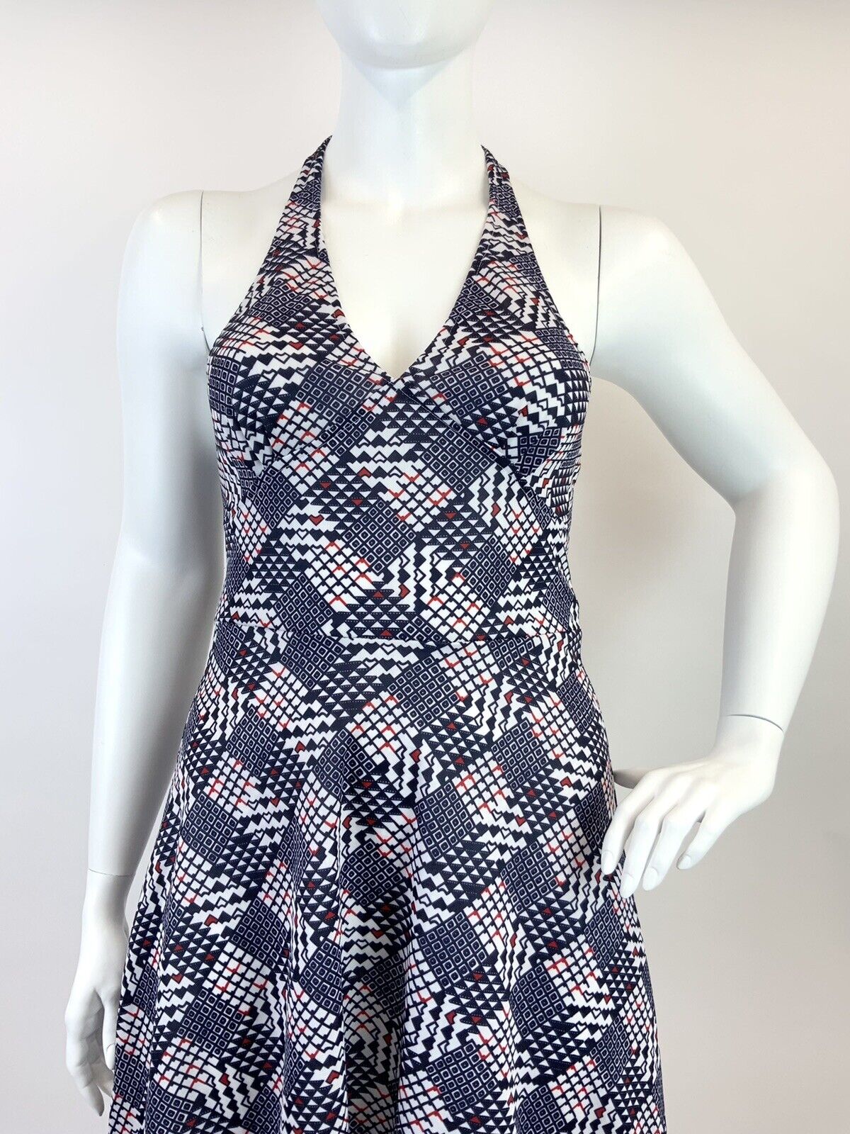 VINTAGE 60s 70s BLUE RED WHITE GEOMETRIC CHECKERBOARD MOD HALTER SUMMER DRESS 16