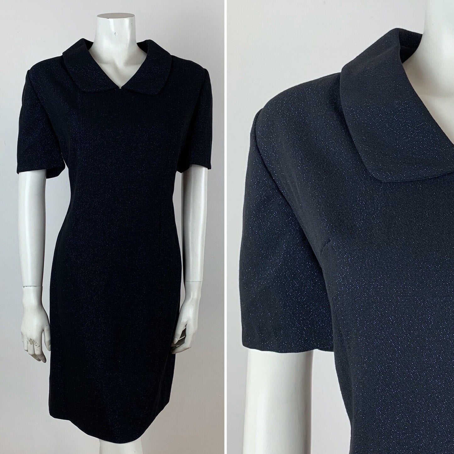 VINTAGE 60s 70s BLACK BLUE GLITTER LUREX PARTY MOD PETER PAN COLLAR DRESS 10