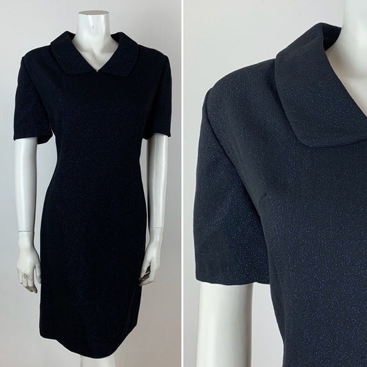 VINTAGE 60s 70s BLACK BLUE GLITTER LUREX PARTY MOD PETER PAN COLLAR DRESS 10