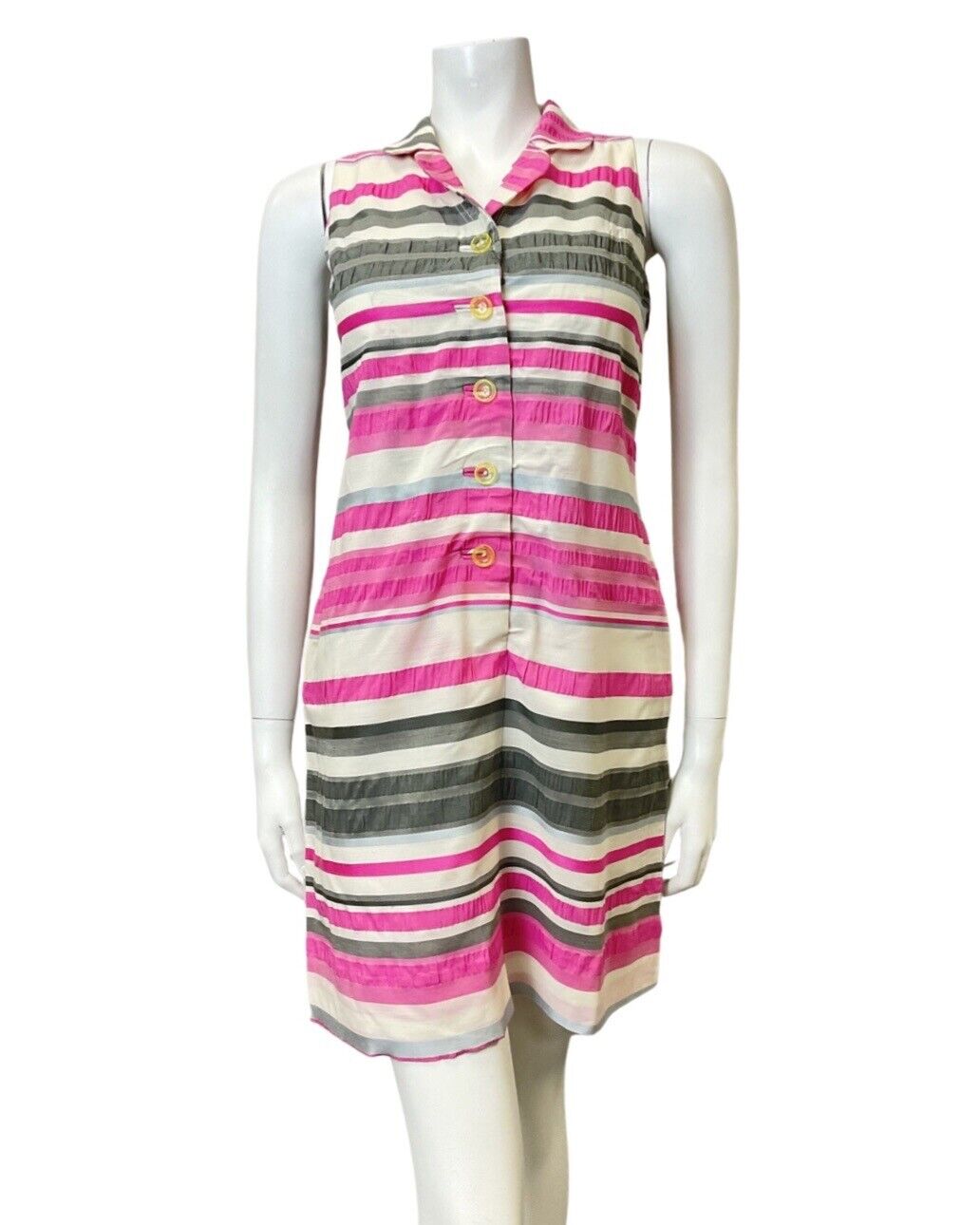 VINTAGE 60s 70s PINK SILVER WHITE STRIPED MOD SLEEVELESS SHIRT SHIFT DRESS 6