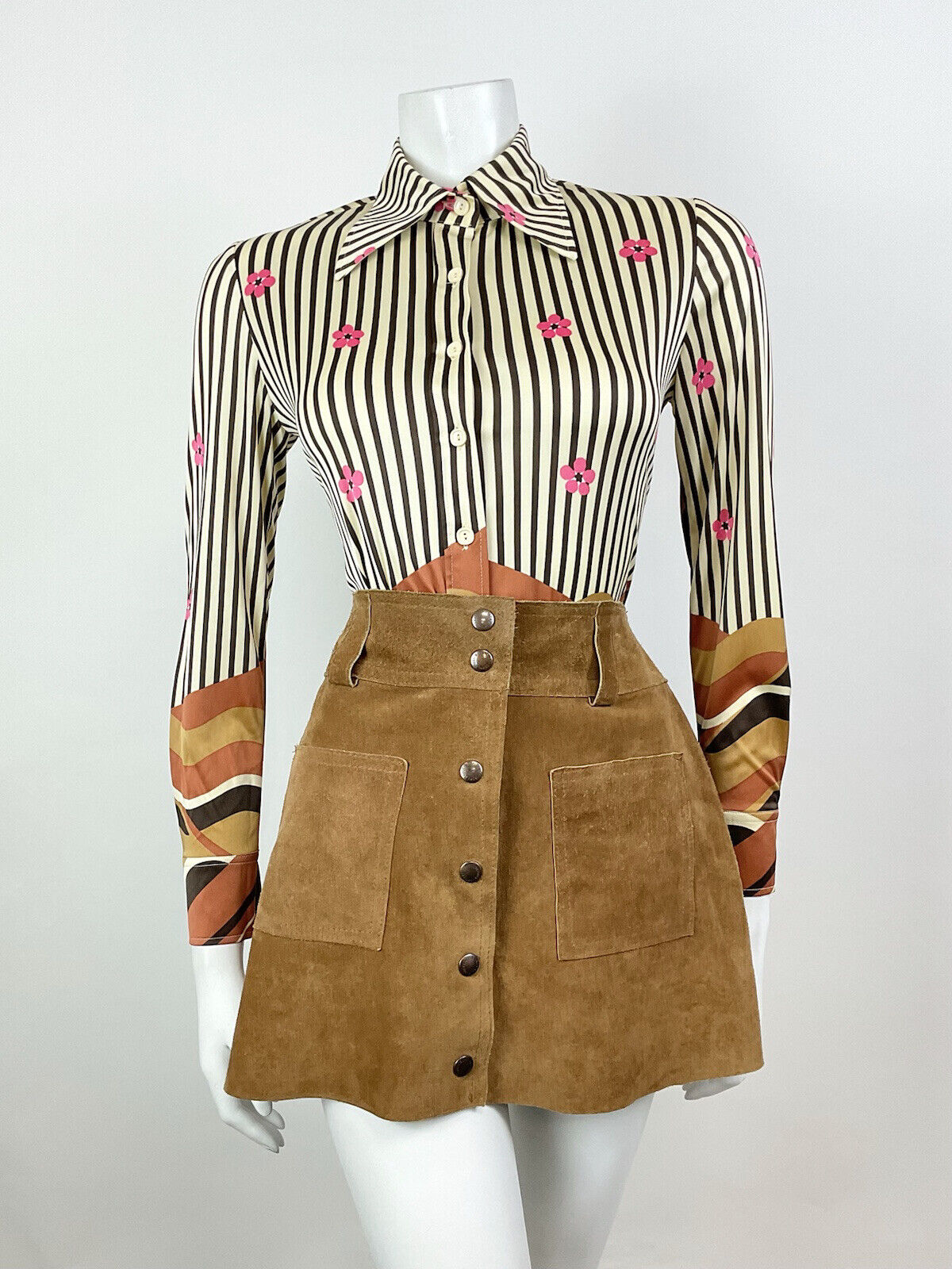 VINTAGE 60s 70s CREAM BROWN PINK STRIPED FLORAL WAVY MOD BOHO DAGGER SHIRT 8 10