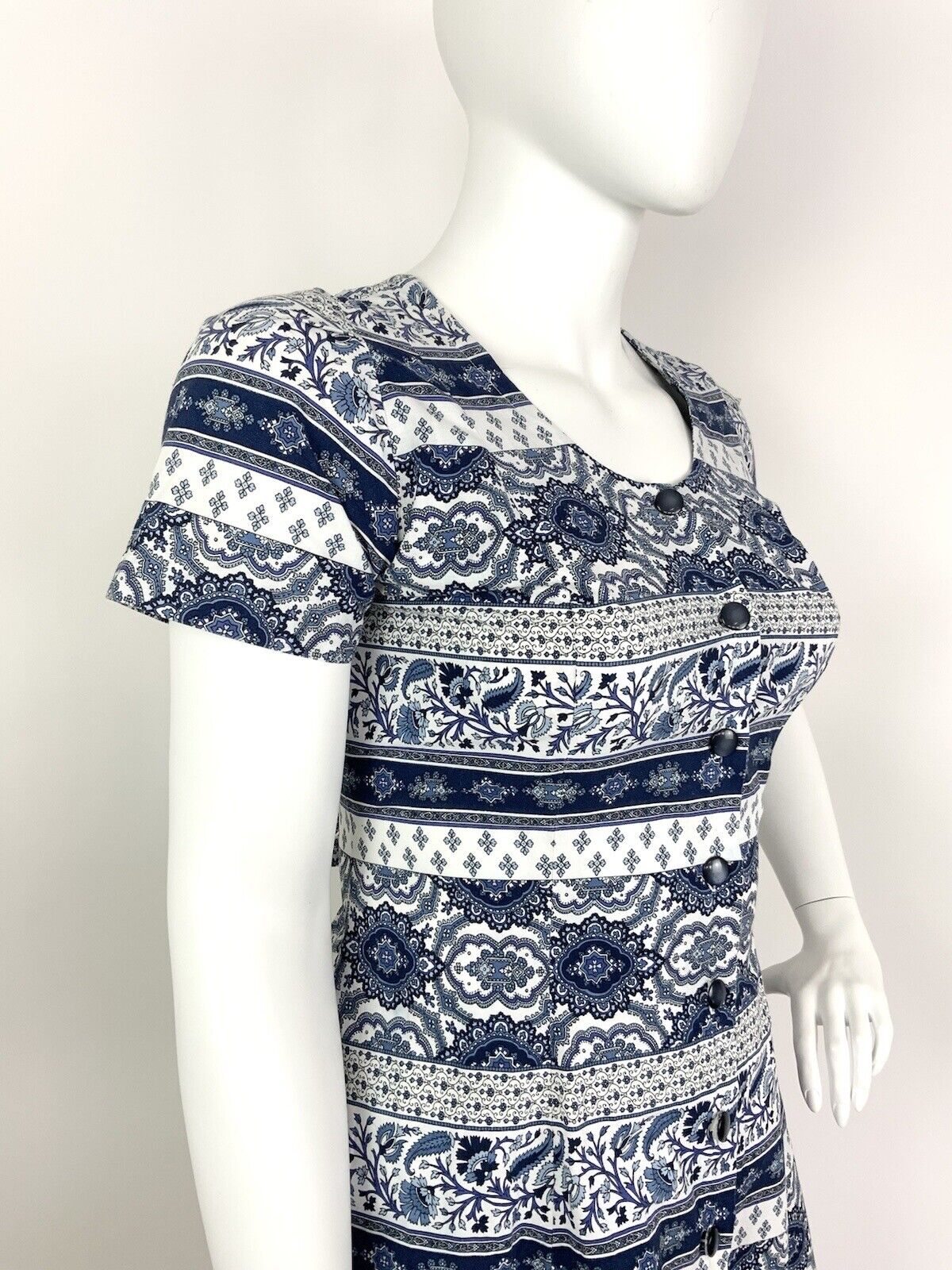 VINTAGE 60s 70s WHITE NAVY BLUE STRIPED FLORAL FOLK MOD SHORT DRESS 16