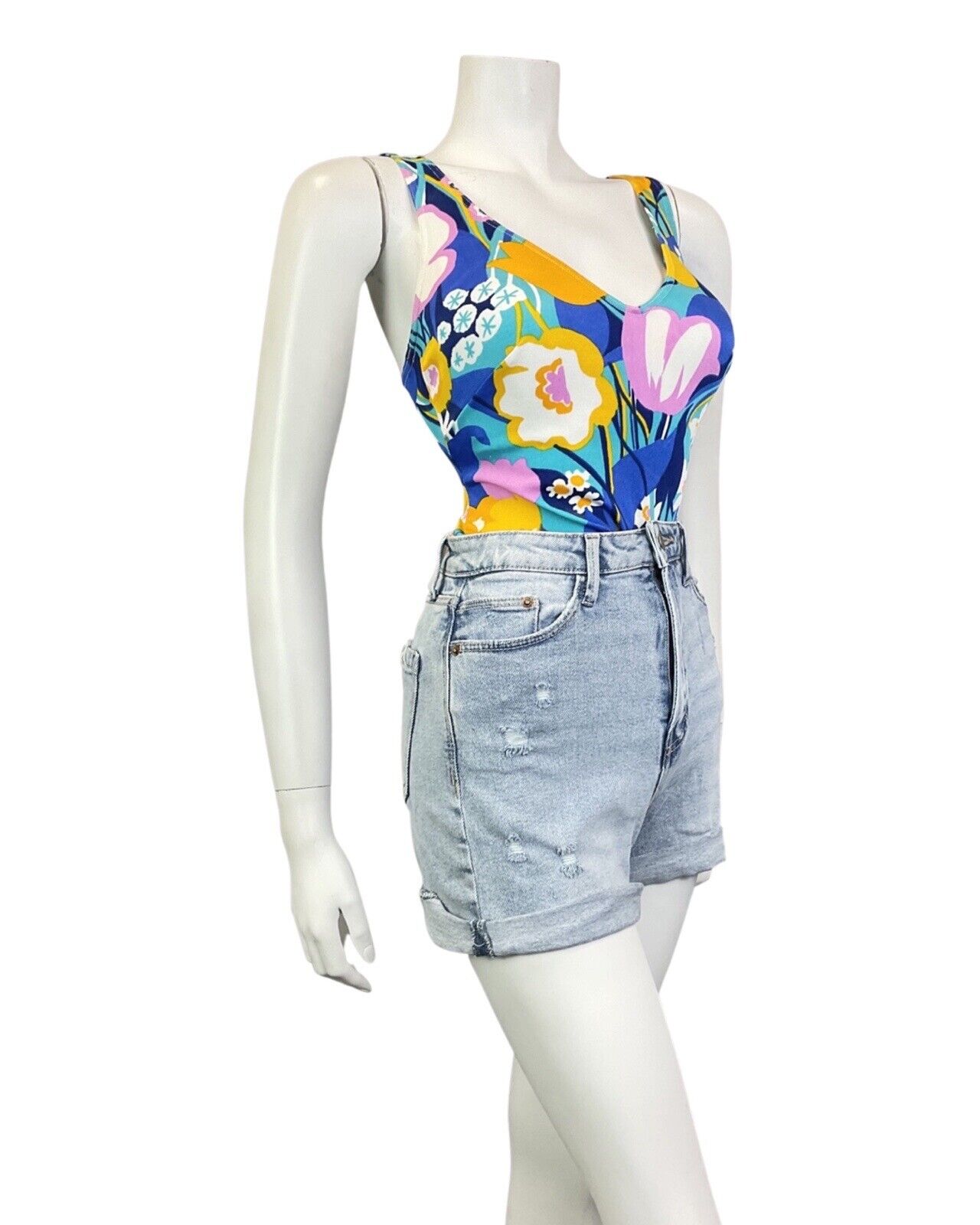 VINTAGE 60s 70s BLUE PINK YELLOW FLORAL PSYCHEDELIC SWIMSUIT BODYSUIT 14