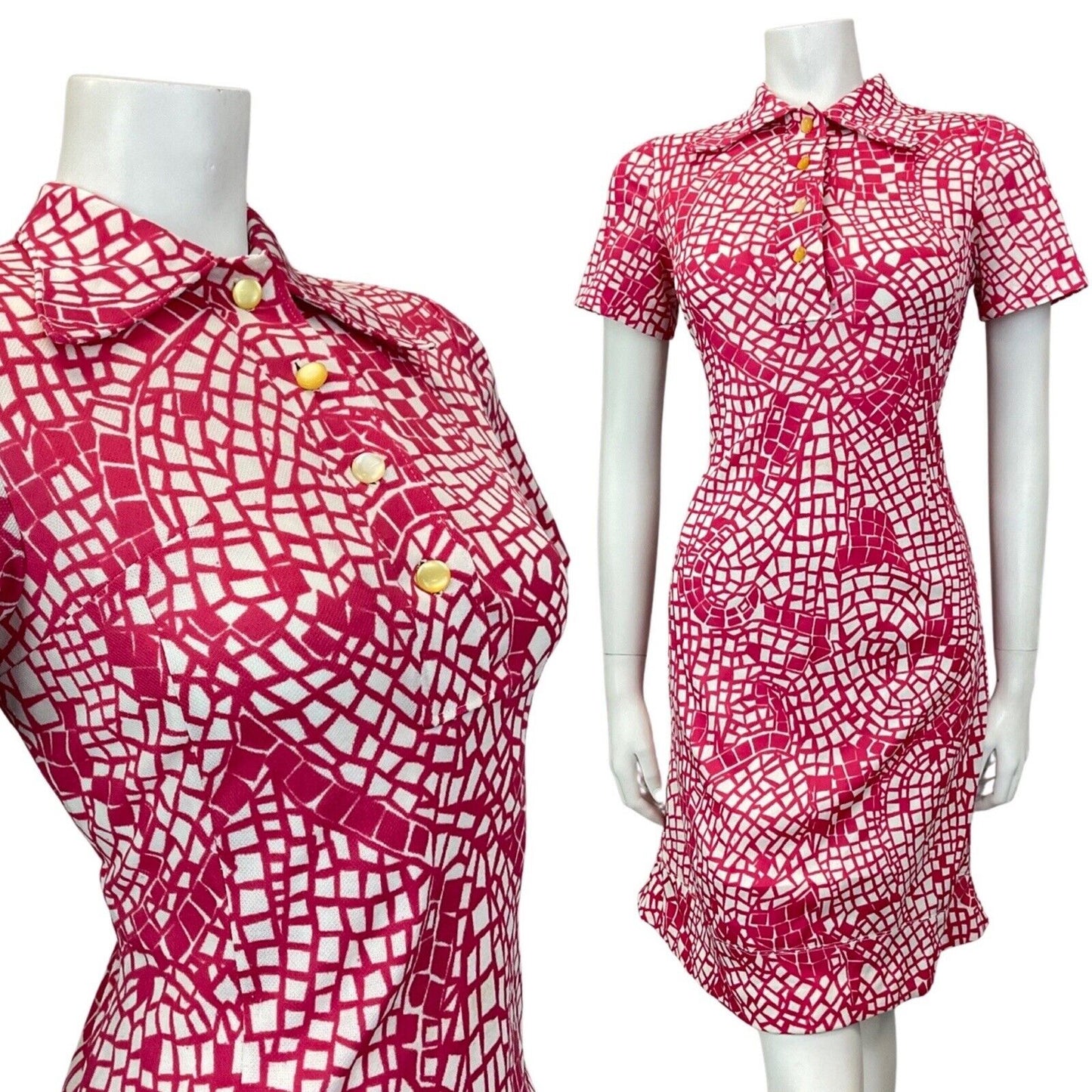 VINTAGE 60s 70s PINK WHITE PSYCHEDELIC GEOMETRIC MOD SHORT SHIRT DRESS 10 12