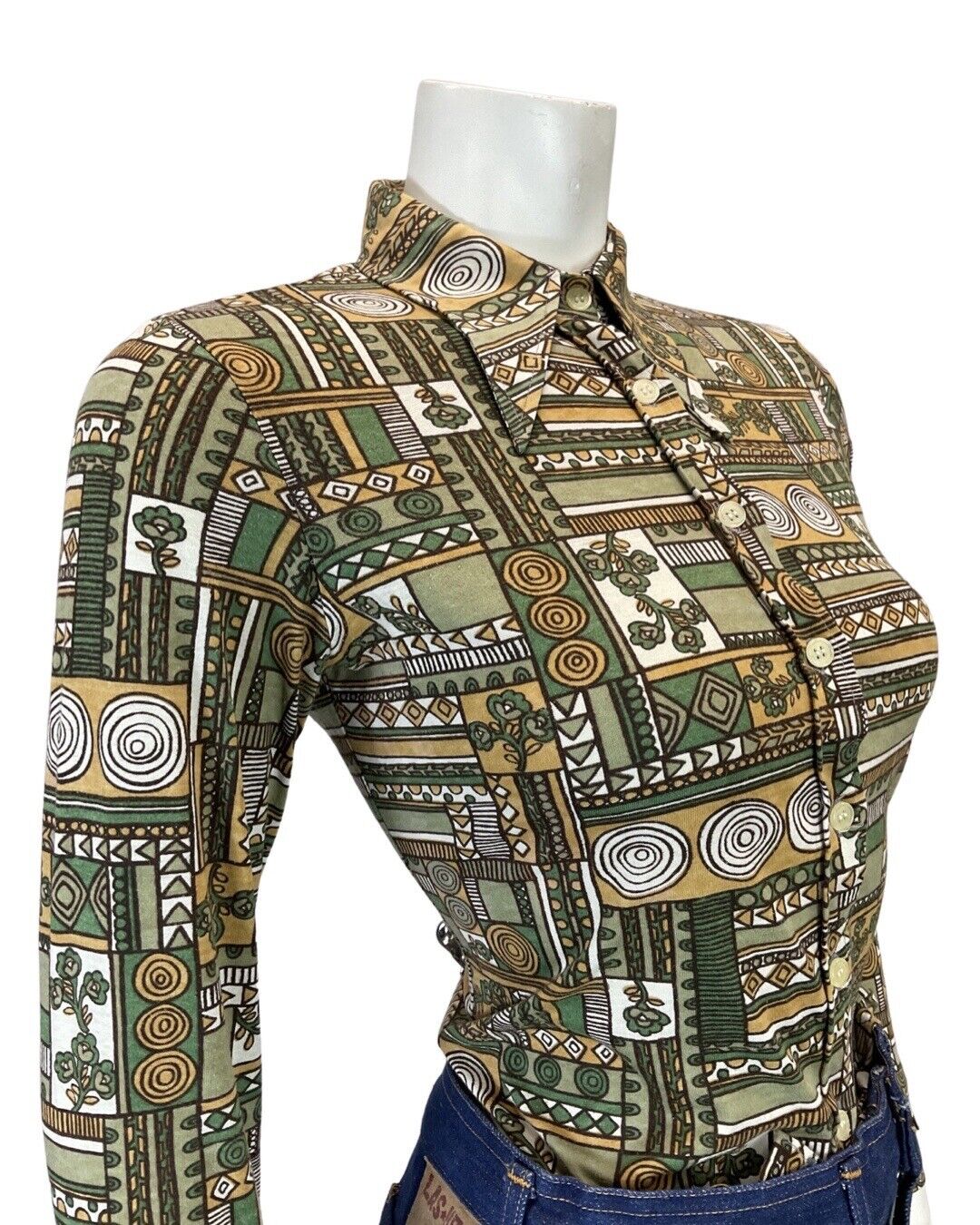 VINTAGE 60s 90s GREEN BEIGE BROWN GEOMETRIC PSYCHEDELIC DAGGER COLLAR SHIRT 8 10
