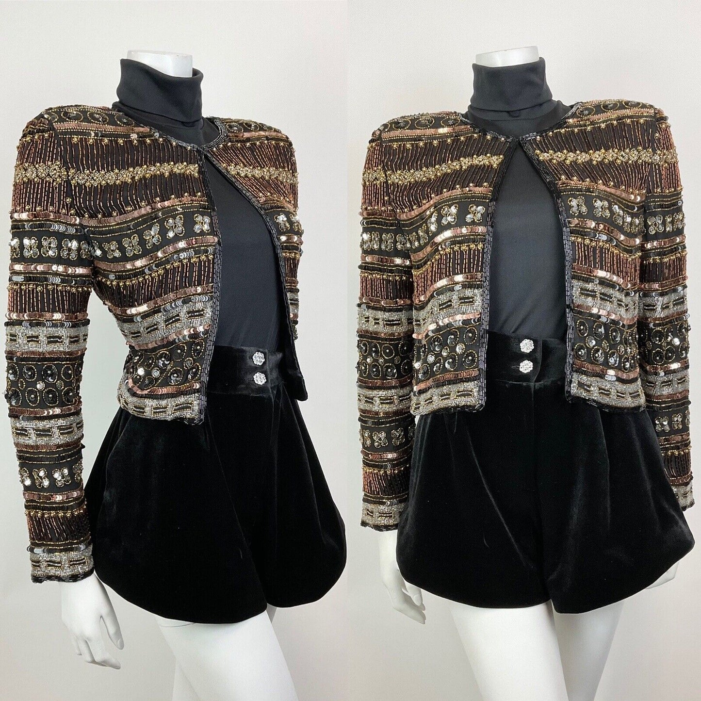VTG 70s BLACK BRONZE SILVER DECO STRIPED BEADED SEQUIN PARTY TROPHY JACKET 8 10
