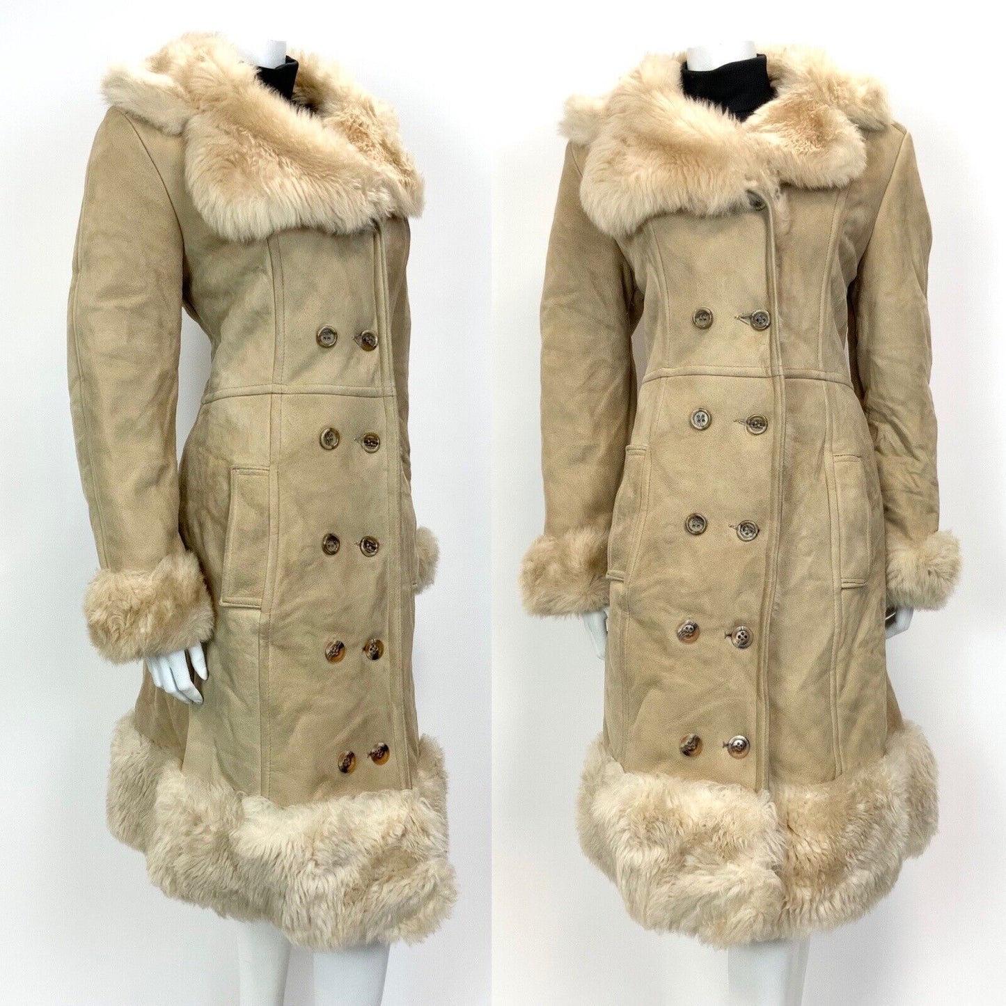 VINTAGE 60s 70s SAND BEIGE DOUBLE-BREASTED BOHO MOD SHEARLING PRINCESS COAT 14