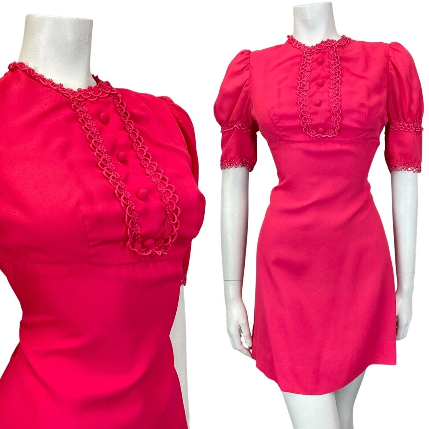VINTAGE 60s 70s FUCHSIA PINK DAISY SCALLOPED EMPIRE MOD SHORT DRESS 8