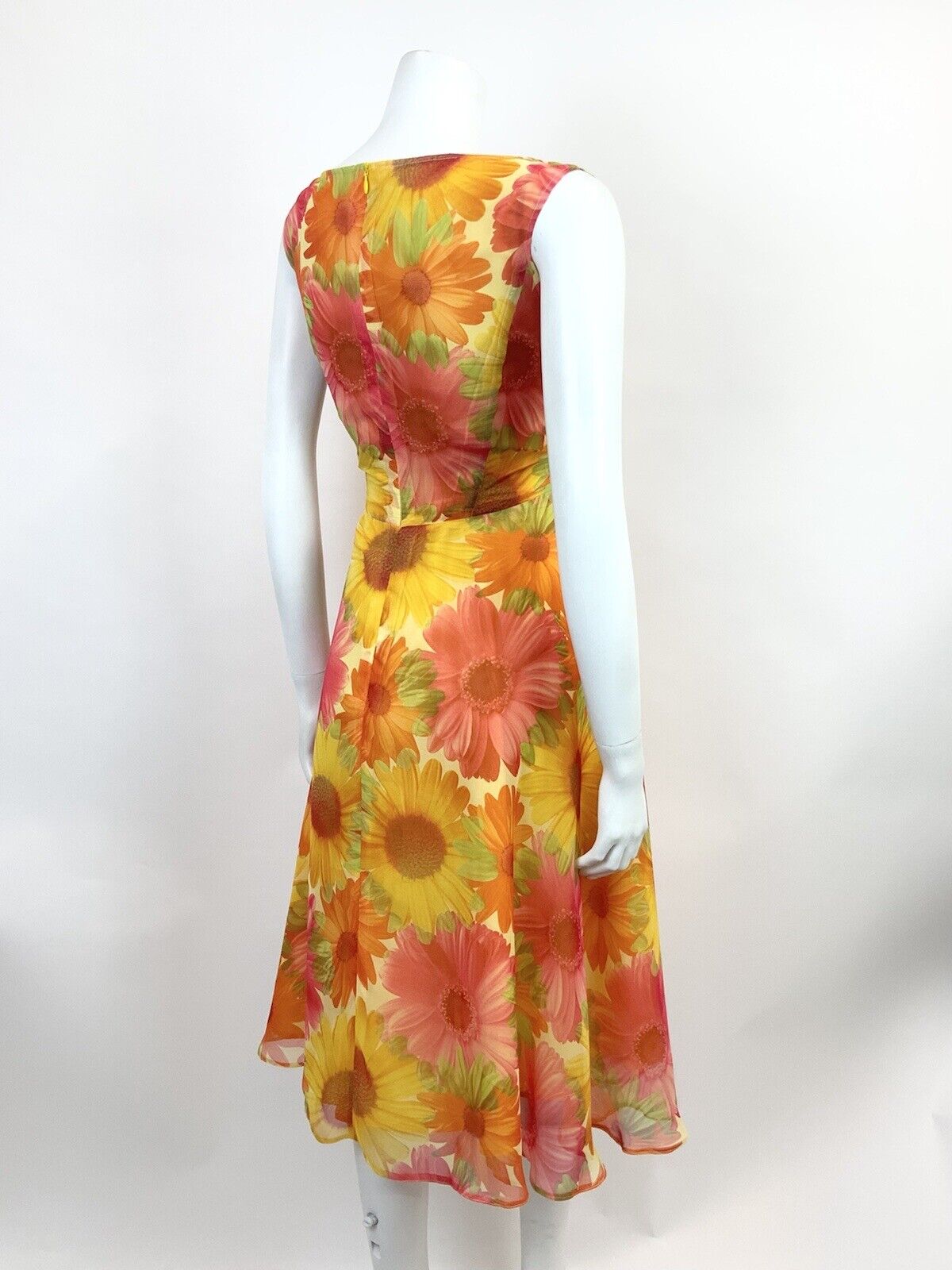 VINTAGE 60s 70s YELLOW ORANGE PINK FLOWER POWER GERBERA FLOATY SUMMER DRESS 8 10