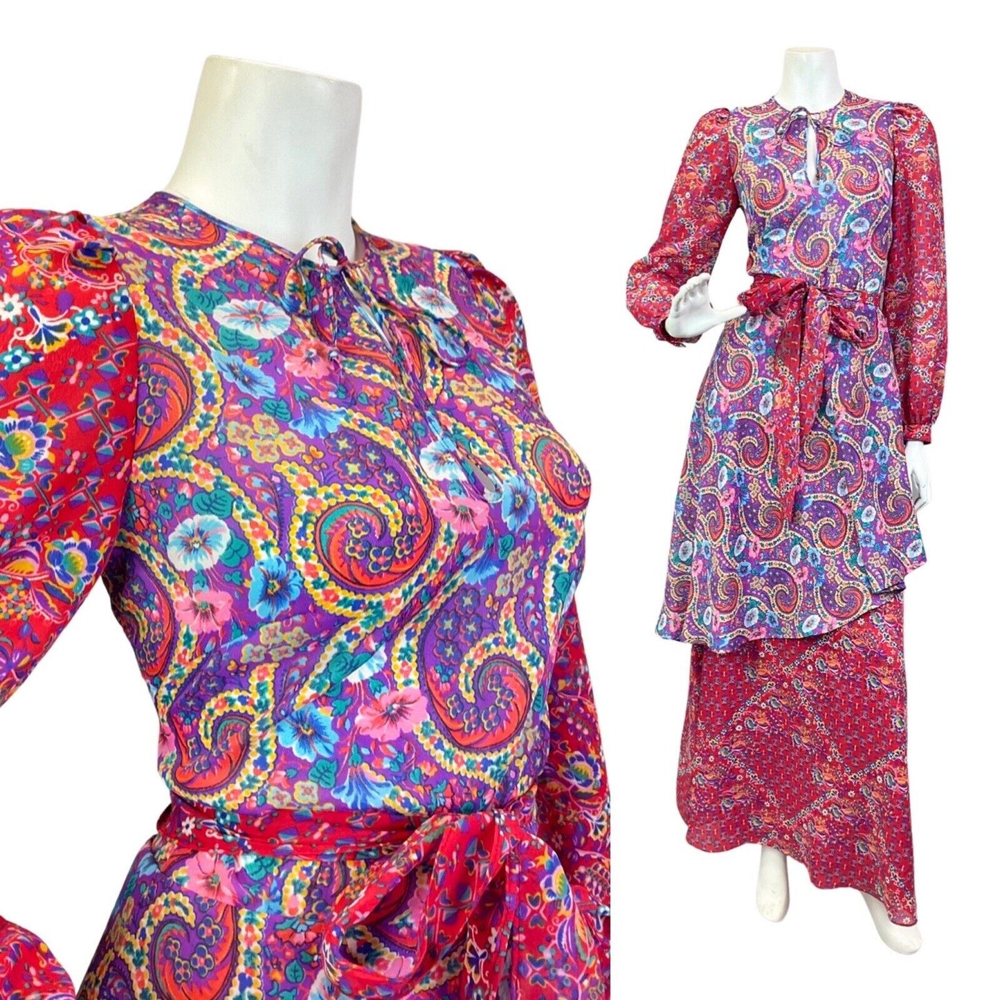 VINTAGE 70s PURPLE RED BLUE PSYCHEDELIC FLORAL PAISLEY BOHO FOLK MAXI DRESS 8