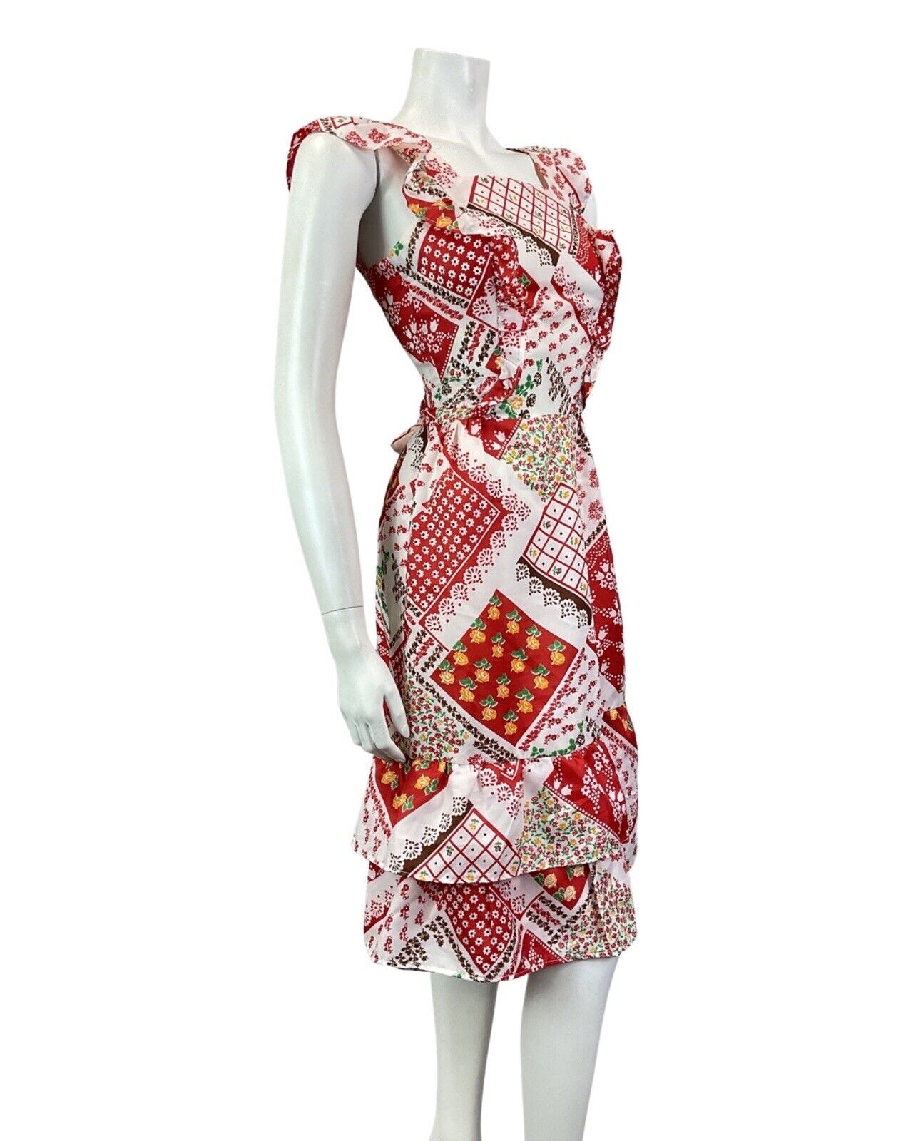 VINTAGE 60s 70s RED WHITE YELLOW PATCHWORK FLORAL PRAIRIE FOLK SUMMER DRESS 4