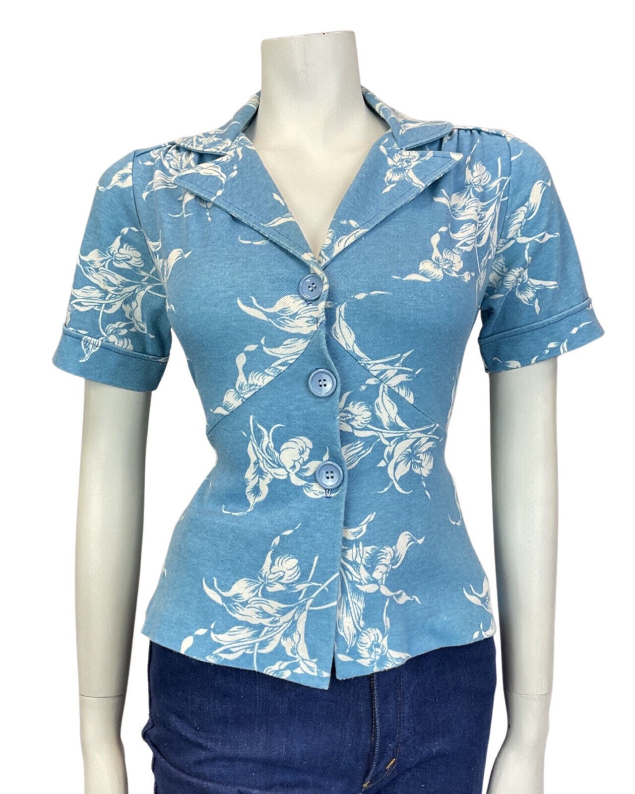 VINTAGE 60s 70s LIGHT BLUE WHITE FLORAL BELTED SHORT SLEEVE BLOUSE SHIRT 12 14