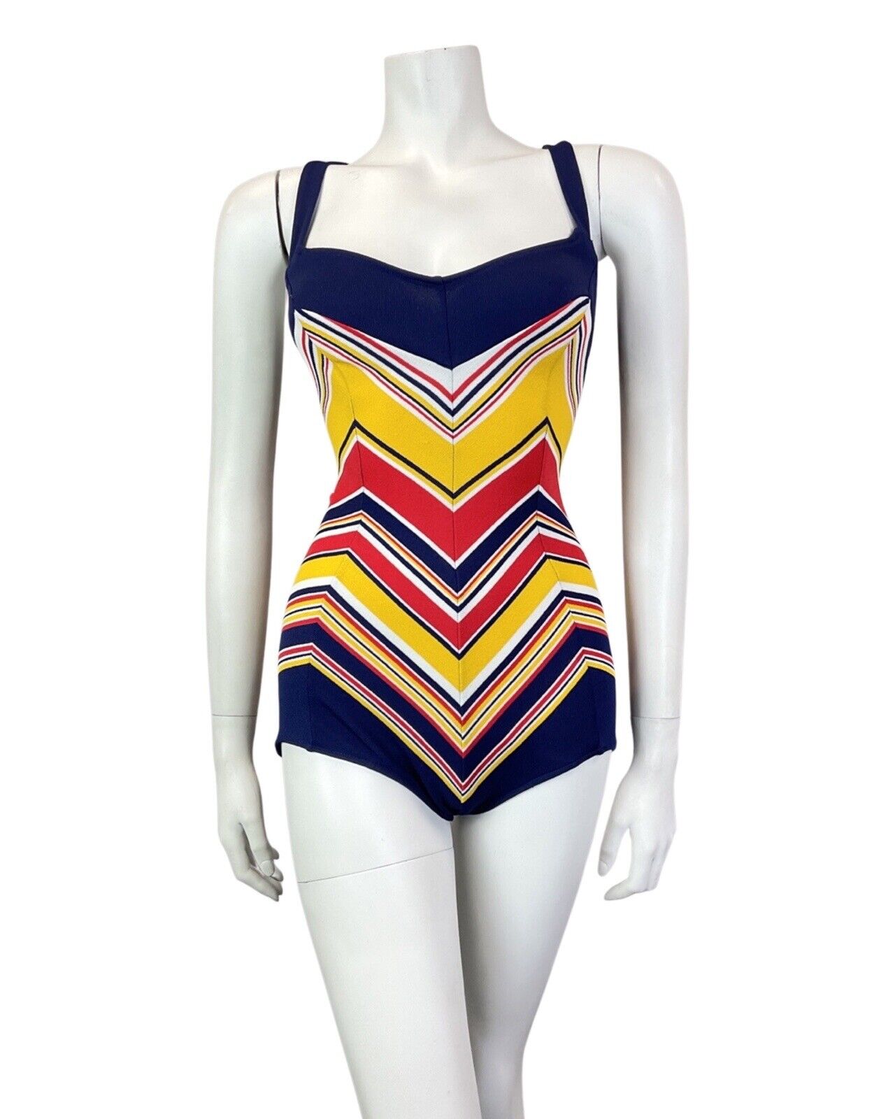 VINTAGE 60s 70s BLUE YELLOW RED STRIPED CHEVRON MOD BOY SHORT SWIMSUIT 12 14