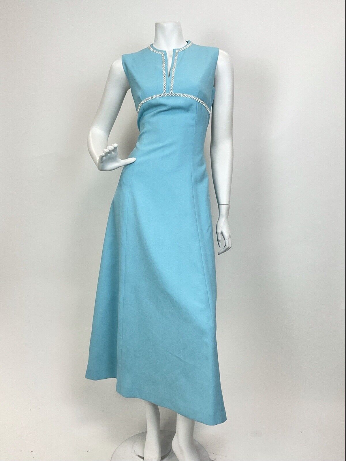 VTG 60s 70s BABY BLUE SILVER DIAMANTE EMPIRE LINE MOD SLEEVELESS MAXI DRESS 10