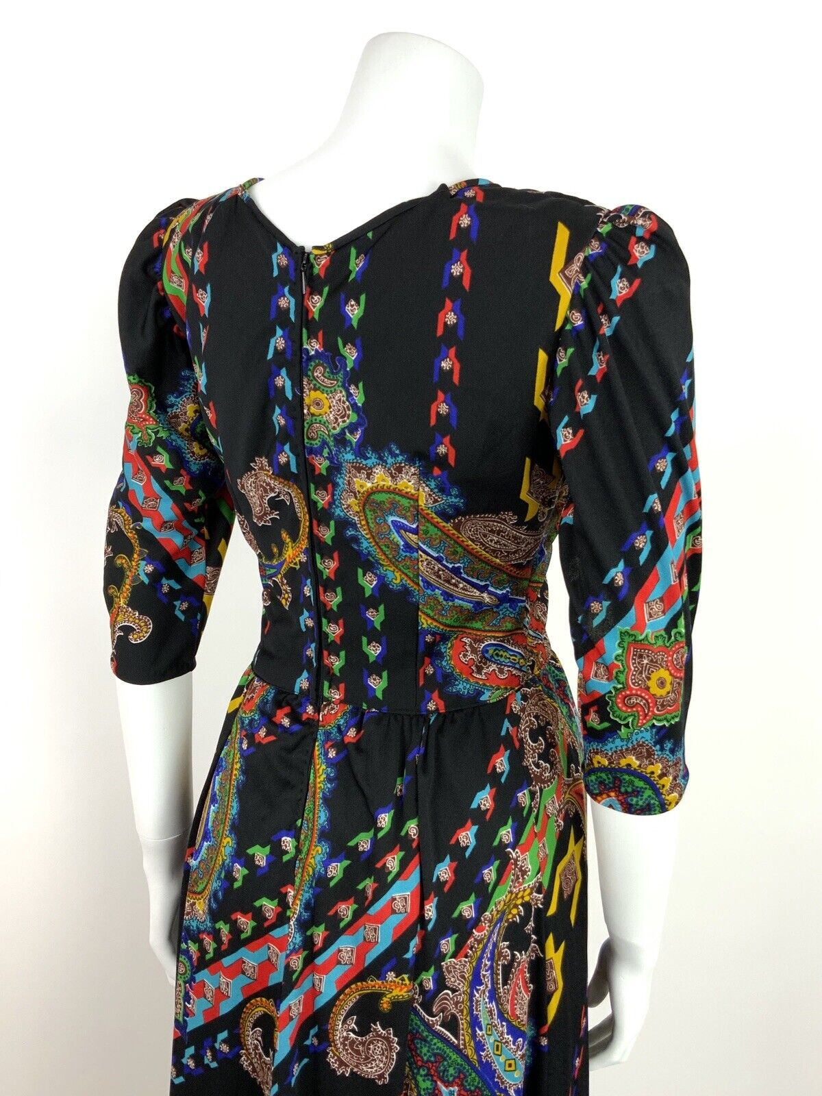 VINTAGE 60s 70s PAISLEY PSYCHEDELIC BLACK YELLOW BLUE RED GREEN MAXI DRESS 8