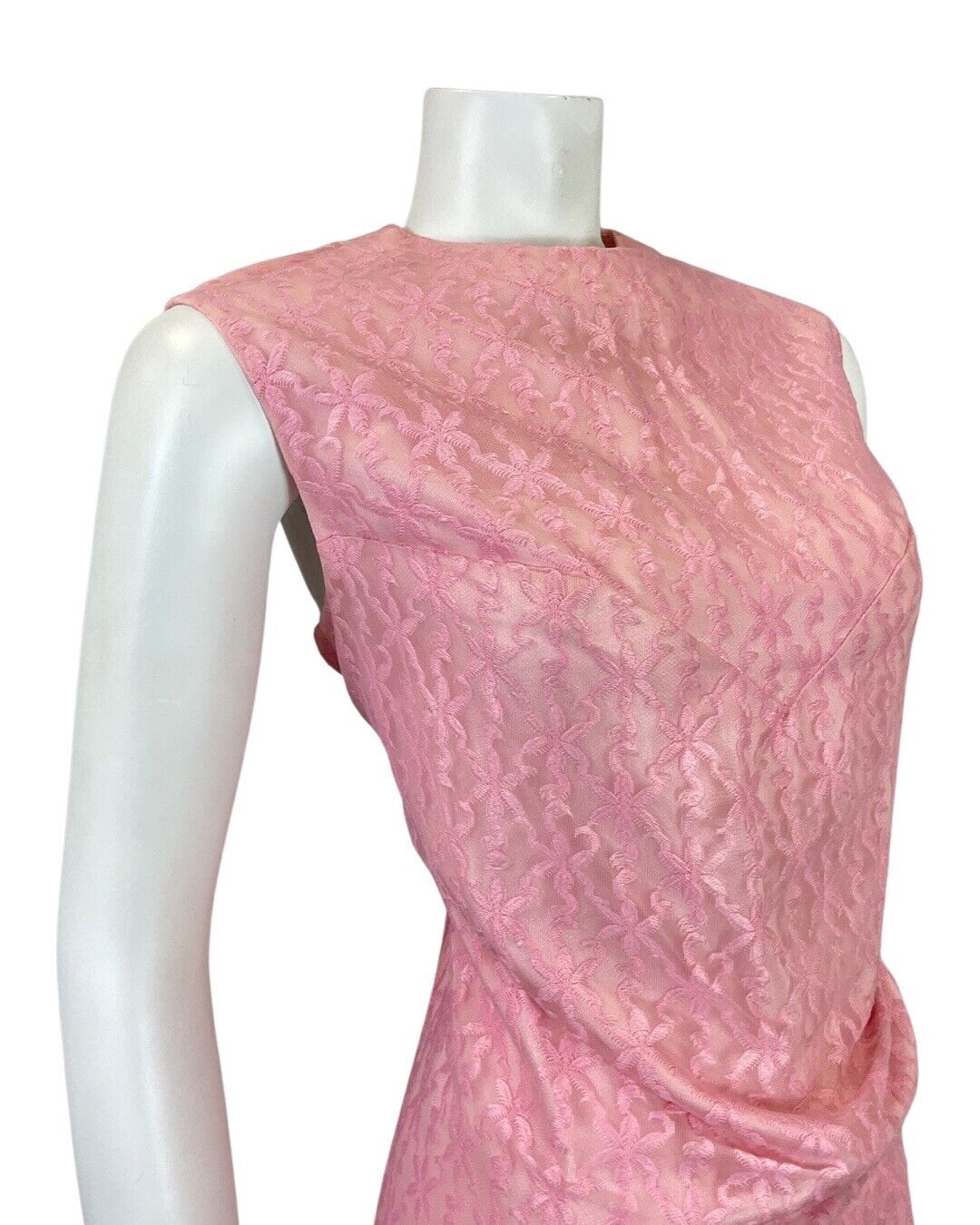VINTAGE 60s 70s BABY PINK STAR EMBROIDERED SLEEVELESS SHIFT SHORT DRESS 14 16