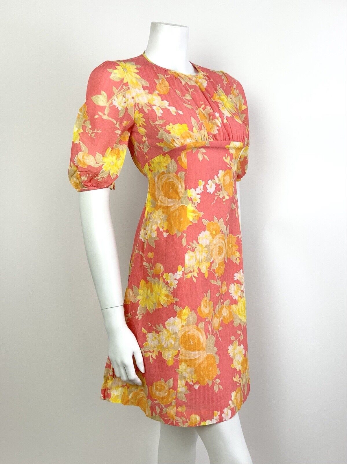 VINTAGE 60s 70s PINK YELLOW ORANGE FLORAL PUFF SLEEVE MOD EMPIRE LINE DRESS 8