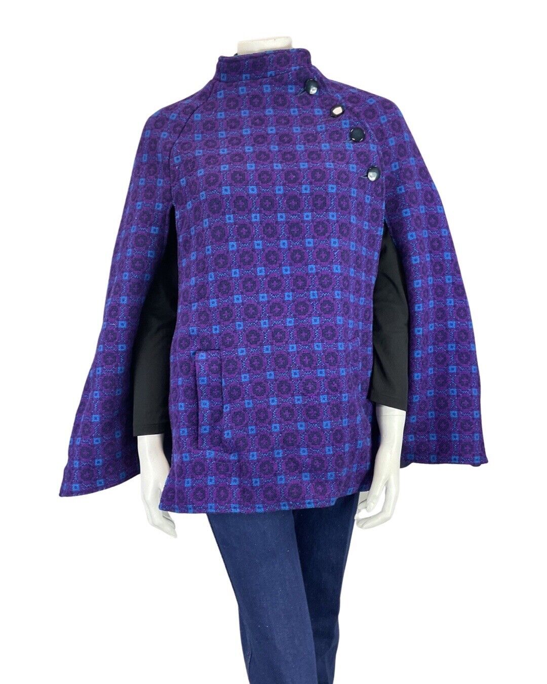 VINTAGE 60s PURPLE BLUE BLACK GEOMETRIC TILED MOD WOOL CAPE 6 8