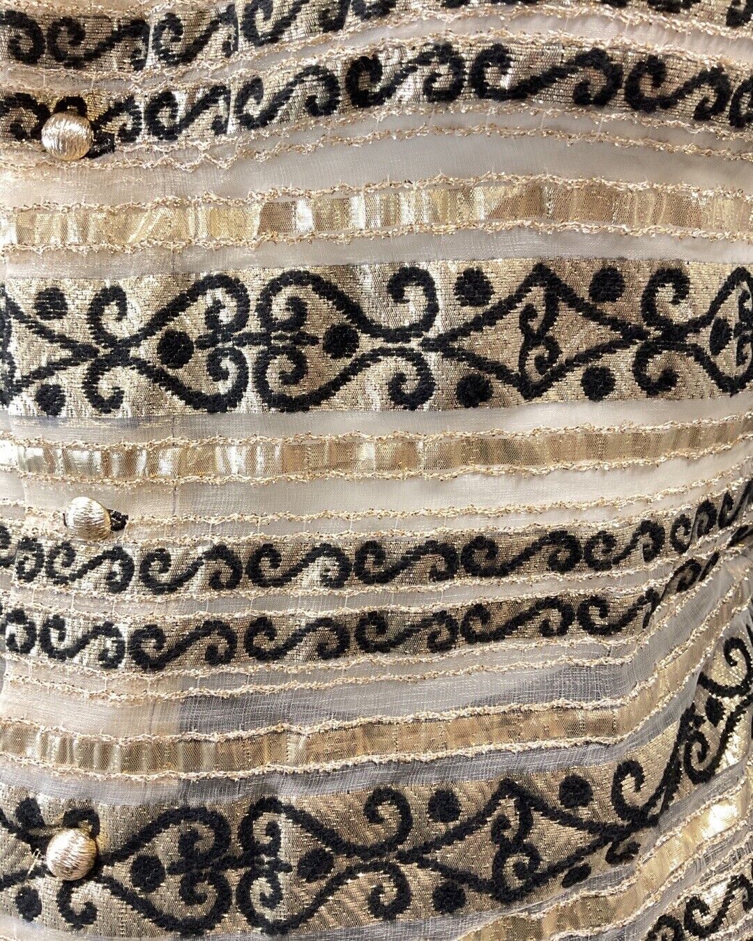 VINTAGE 60s 70s BLACK GOLD STRIPED SWIRL SHEER PARTY STUDIO 54 BLOUSE 8 10