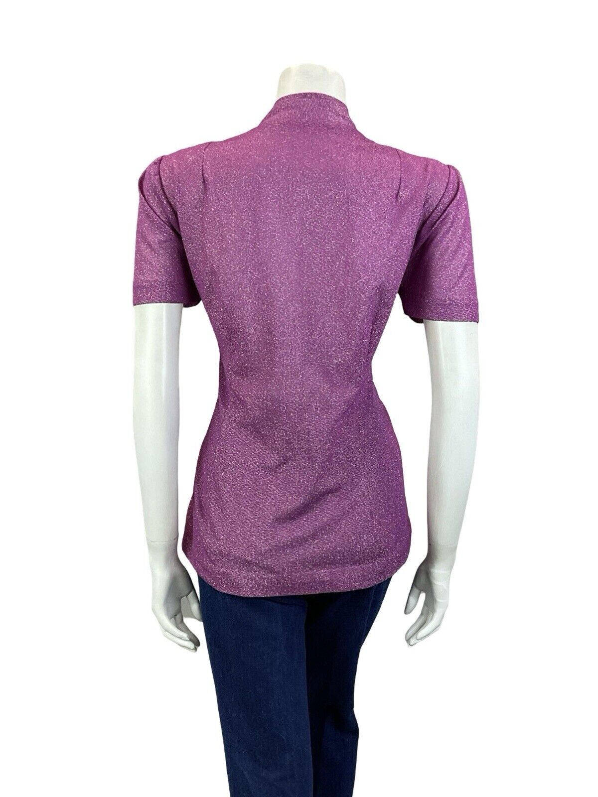VTG 60S PURPLE OPEN MANDARIN COLLAR SHORT SLEEVE SCALLOPED DART PARTY TOP 16