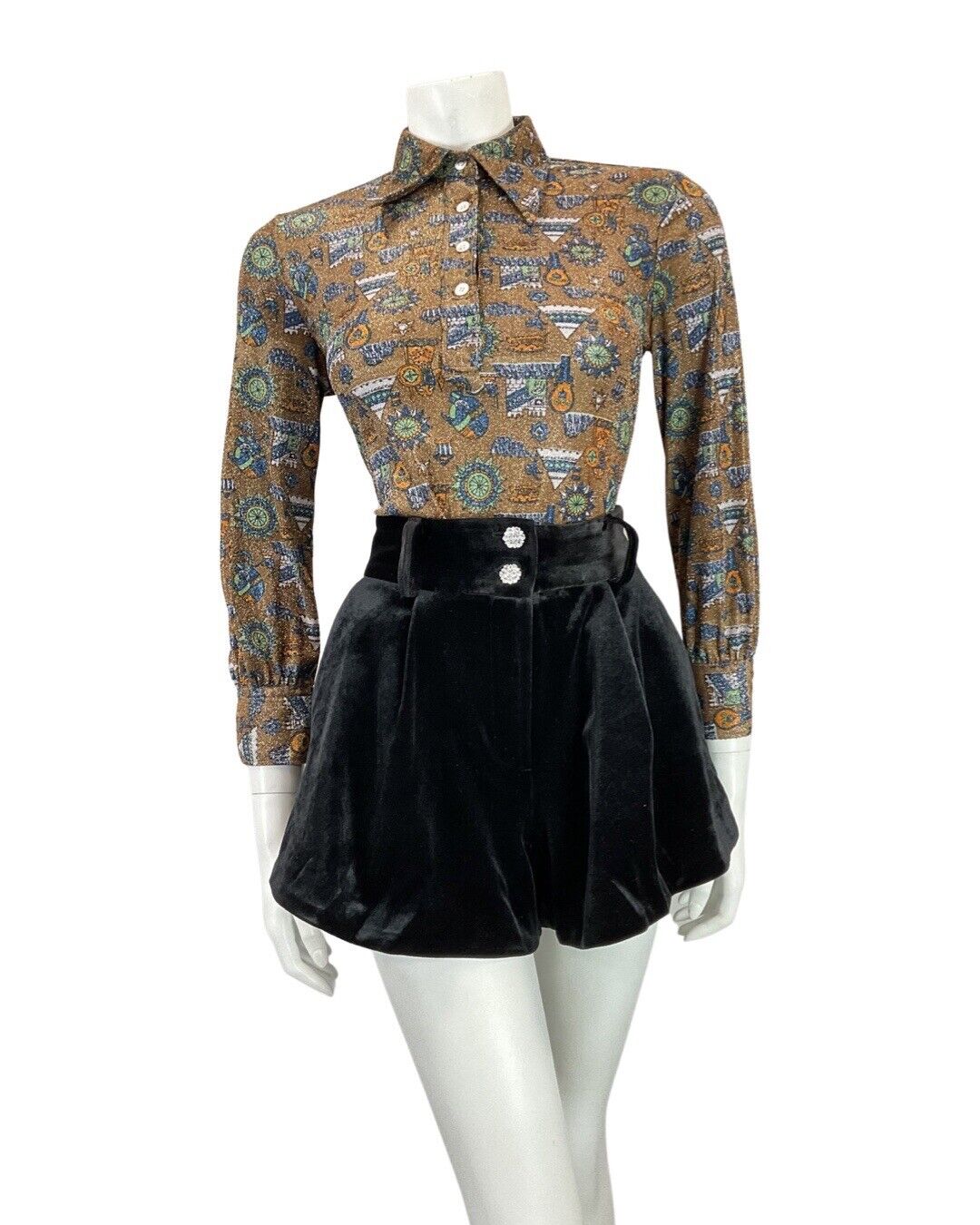 VINTAGE 70s BROWN SILVER BLUE CASTLE TENT MOD DAGGER COLLAR LUREX SHIRT 12