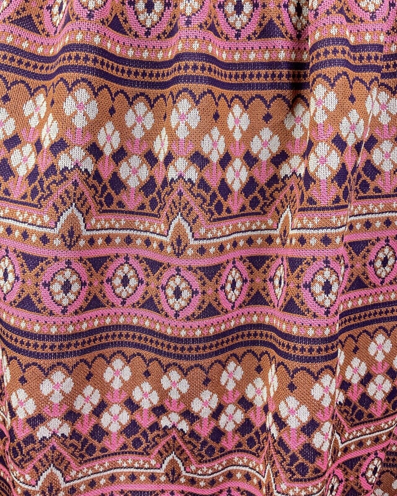 VINTAGE 60s 70s BROWN PINK WHITE GEOMETRIC DAISY LACE-UP BOHO FOLK MOD DRESS 10