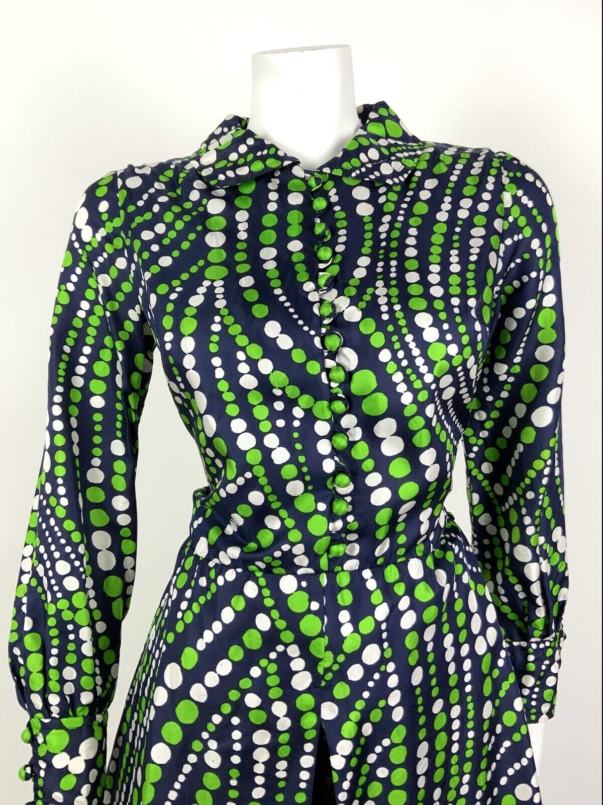 VINTAGE 60s 70s NAVY BLUE GREEN WHITE DOTTY WAVY MOD SPLIT SHIRT DRESS 10
