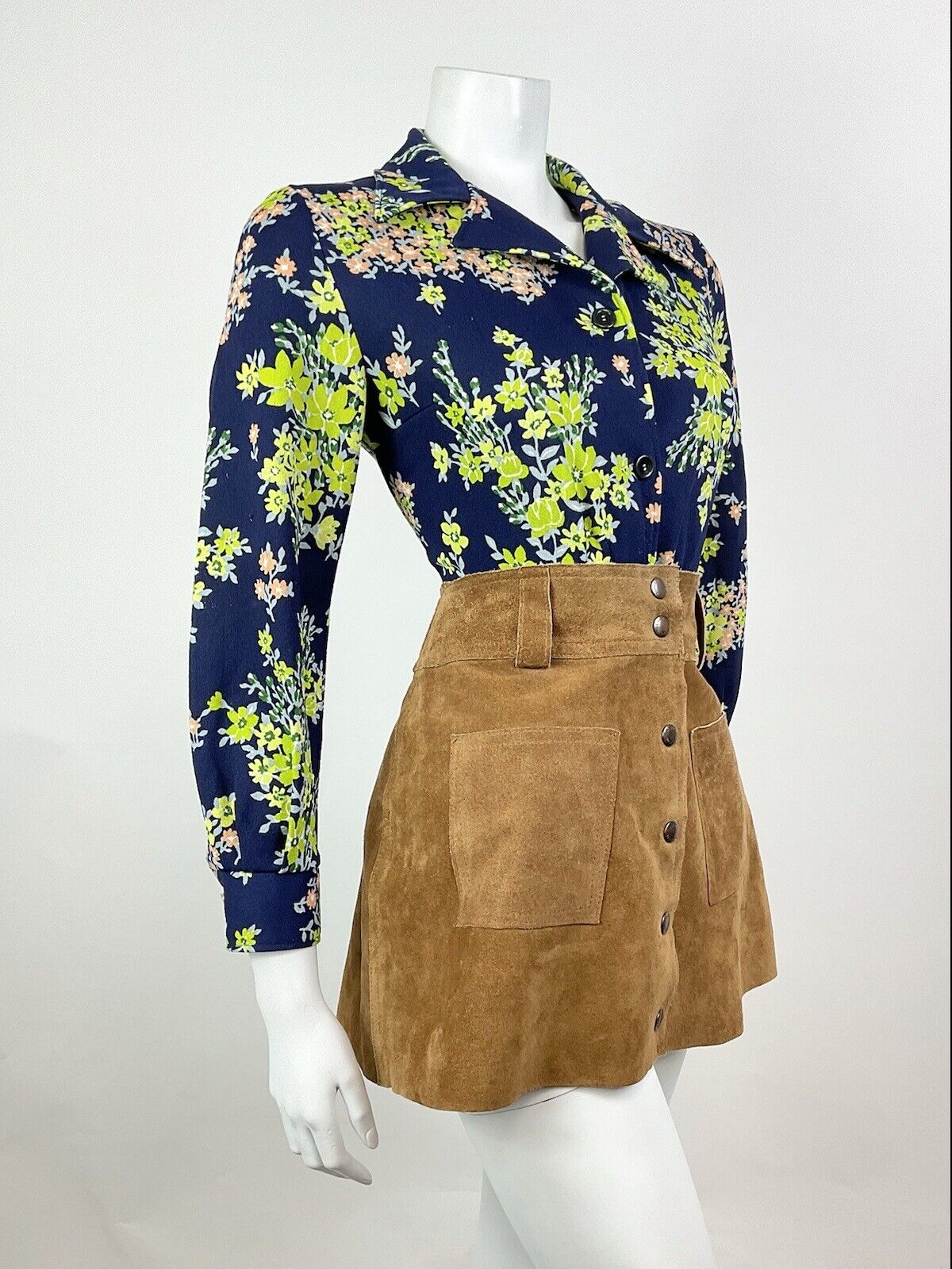 VINTAGE 60s 70s BLUE GREEN PINK FLORAL BLOSSOM WING COLLAR SHIRT BLOUSE 12 14