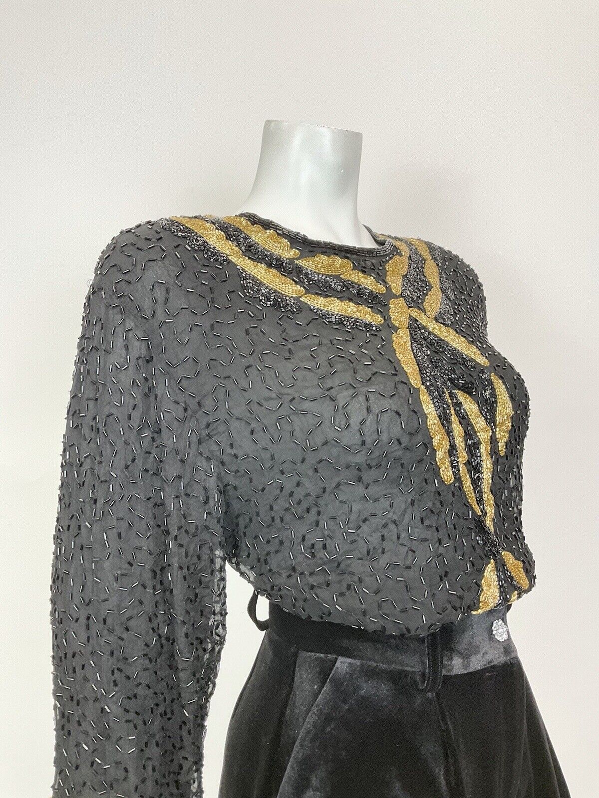 VINTAGE 70s 80s BLACK GOLD SEQUIN BEADED GLAM DISCO PARTY BLOUSE TOP 16 18