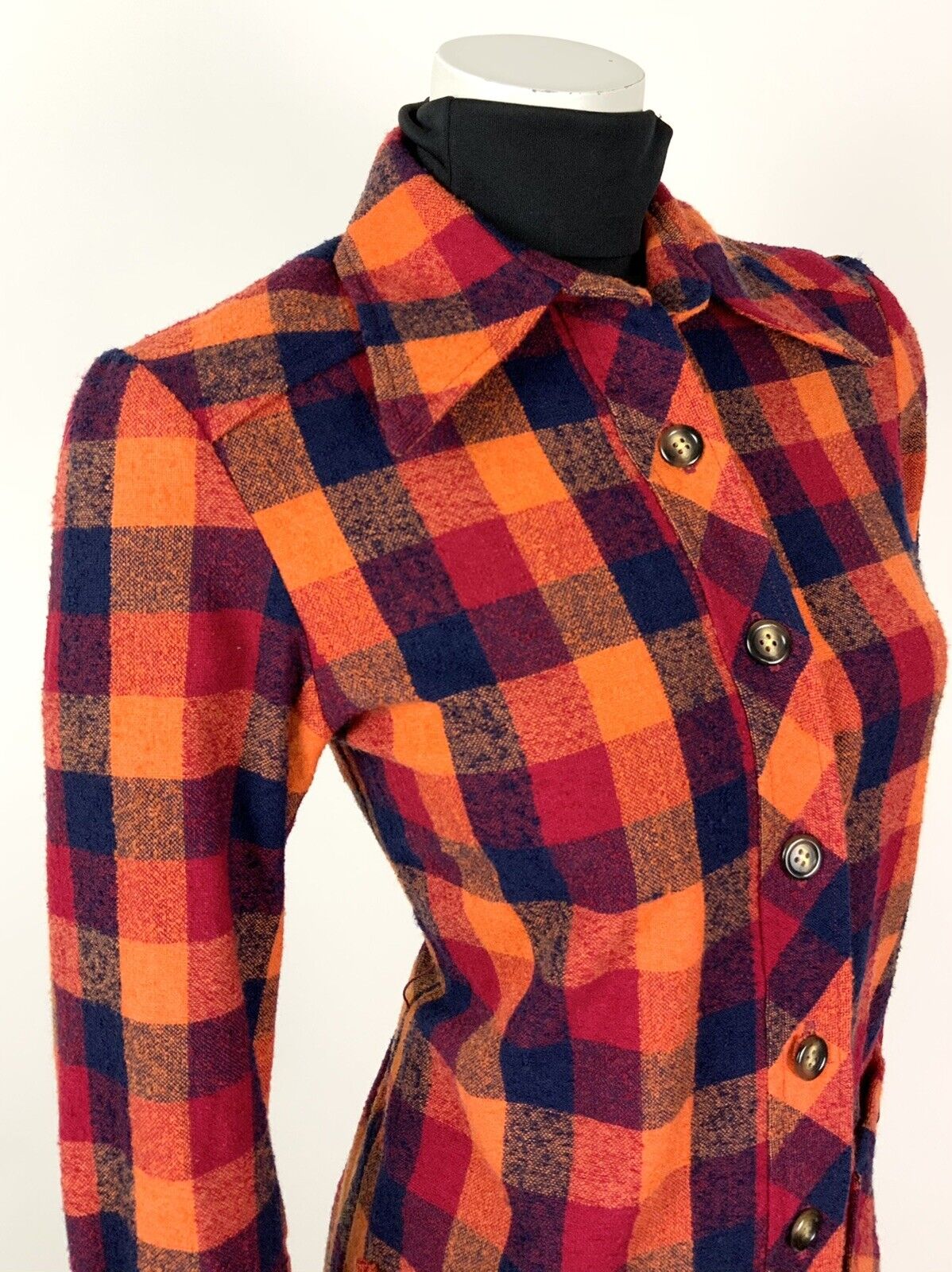 VINTAGE ORANGE RED BLUE CHECKED DAGGER COLLAR MOD WOOL COAT 8 10