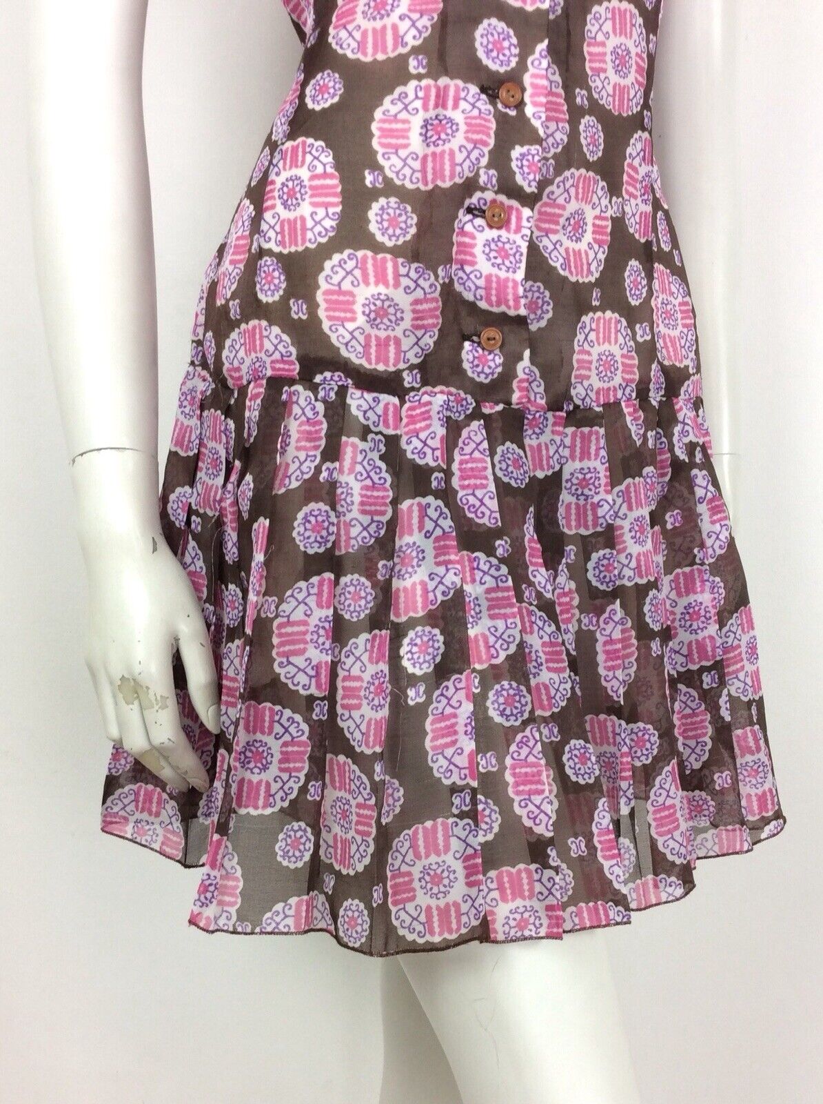 VINTAGE 60S 70S BROWN WHITE PINK PAISLEY SMOCK DRESS DROPPED PLEAT WAIST 14 16