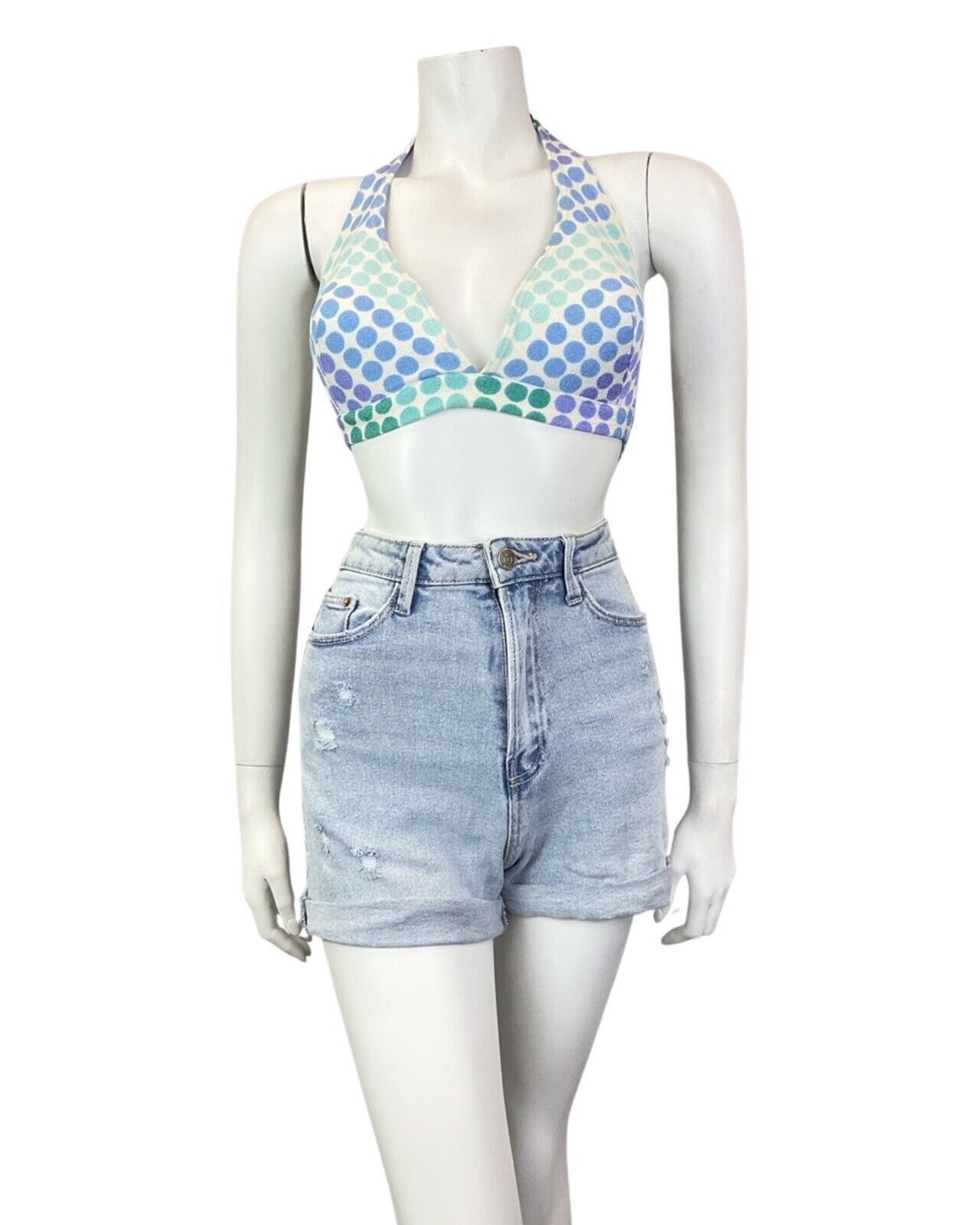 VINTAGE 60s 70s BLUE PURPLE WHITE SPOTTED DOTTY BIKINI BRALETTE TOP 6
