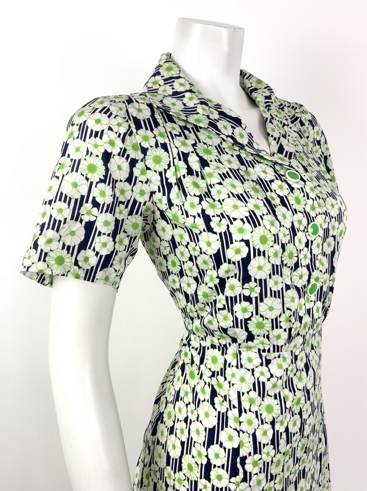 VINTAGE 60s 70s GREEN BLUE WHITE STRIPED FLORAL DAISY MOD SHIRT DRESS 12 14