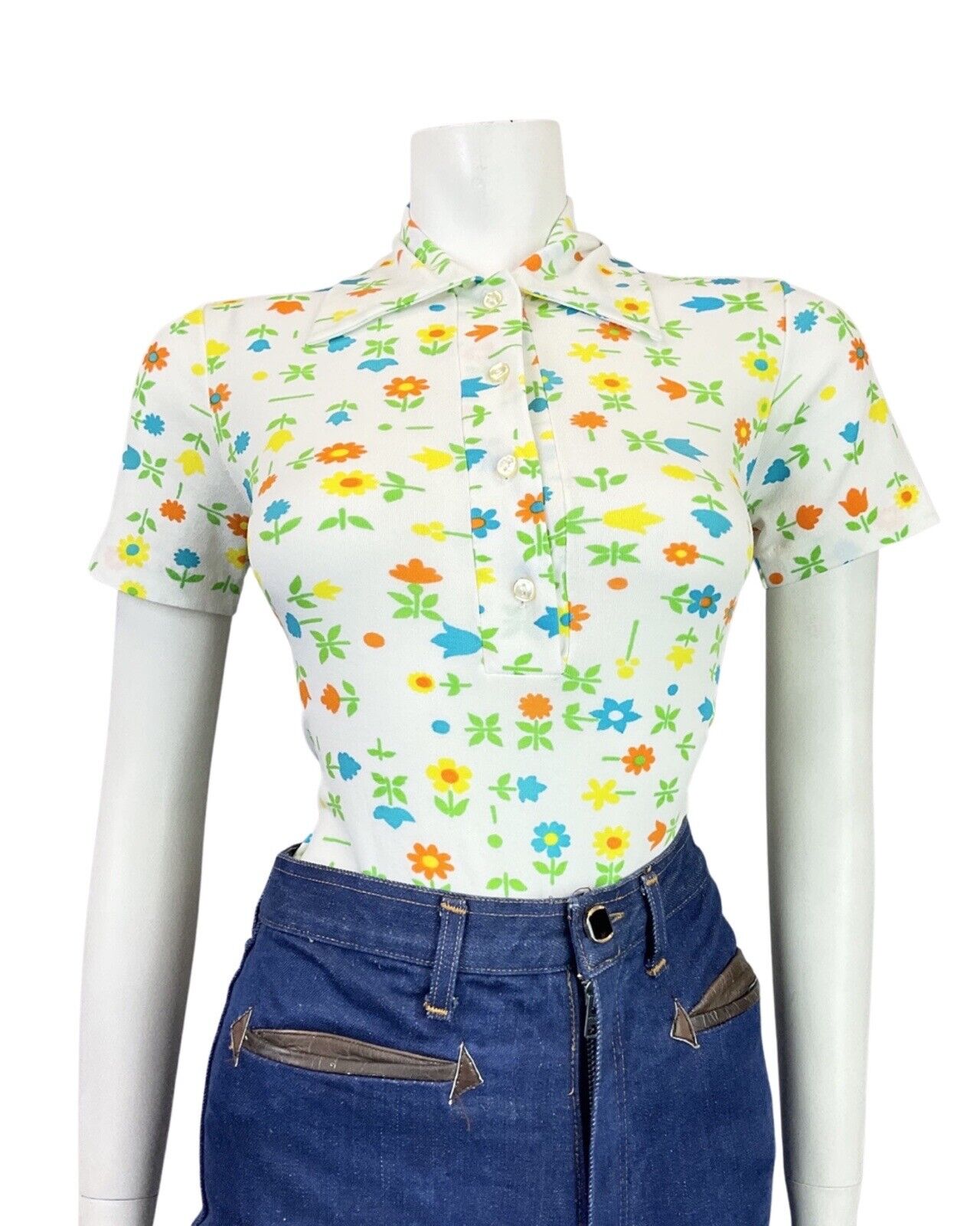 VINTAGE 60s 90s WHITE ORANGE GREEN DAISY TULIP FLORAL MOD SHIRT BODYSUIT 8 10