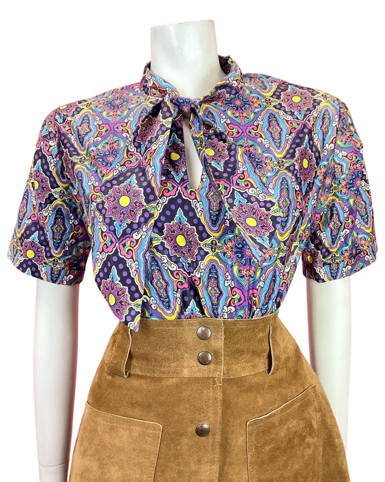 VTG 60s 70s PURPLE BLUE YELLOW PINK PSYCHEDELIC FLORAL PUSSYBOW BLOUSE TOP 16 18