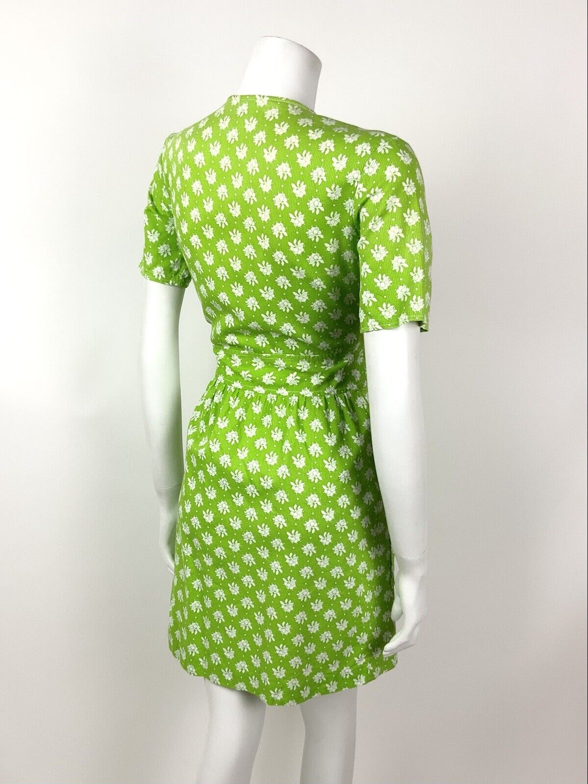 VINTAGE 60s 70s LIME GREEN WHITE FLORAL DOTTY MOD COTTON DRESS 10 12