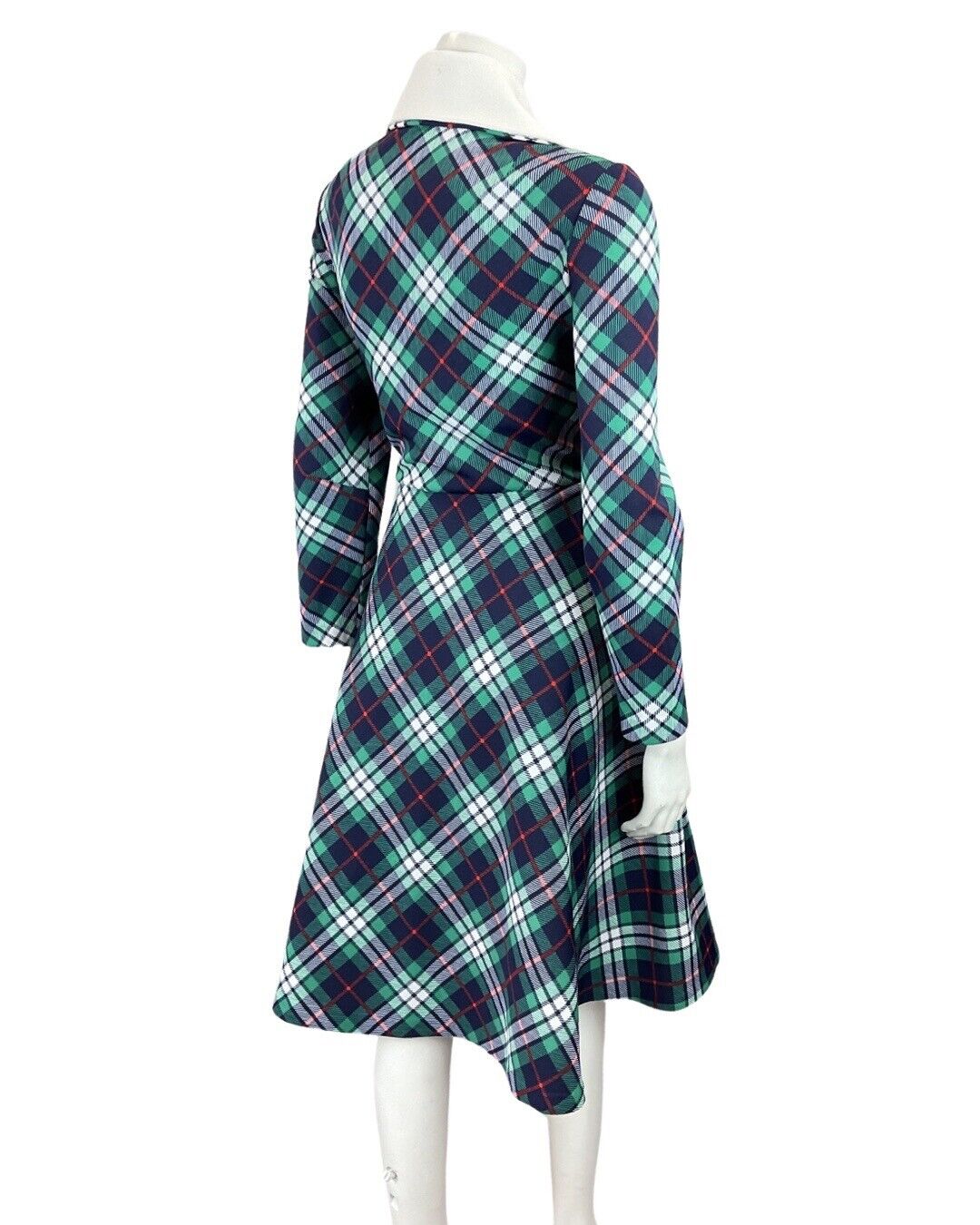 VINTAGE 60s 70s BLUE GREEN WHITE TARTAN CHECKED MOD WING COLLAR SHIRT DRESS 12
