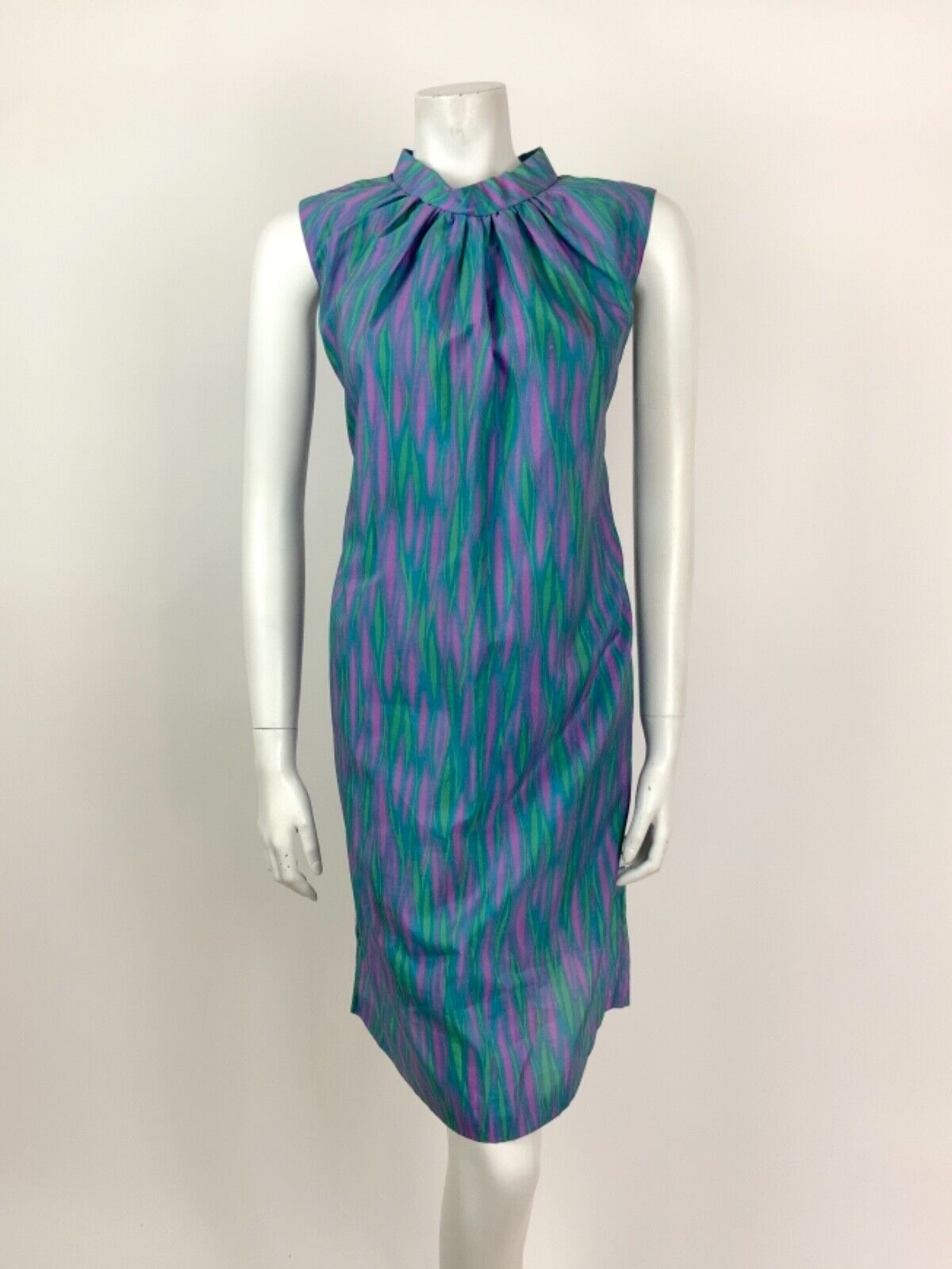 VINTAGE 60s 70s BLUE PURPLE GREEN PSYCHEDELIC WAVY MOD A-LINE DRESS 12 14