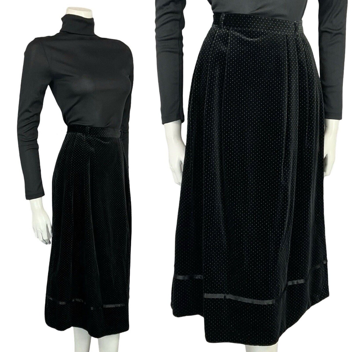 VTG 70S FOLK BOHO BLACK WHITE PIN DOT VELVET RIBBON TRIM MIDI SKIRT 6
