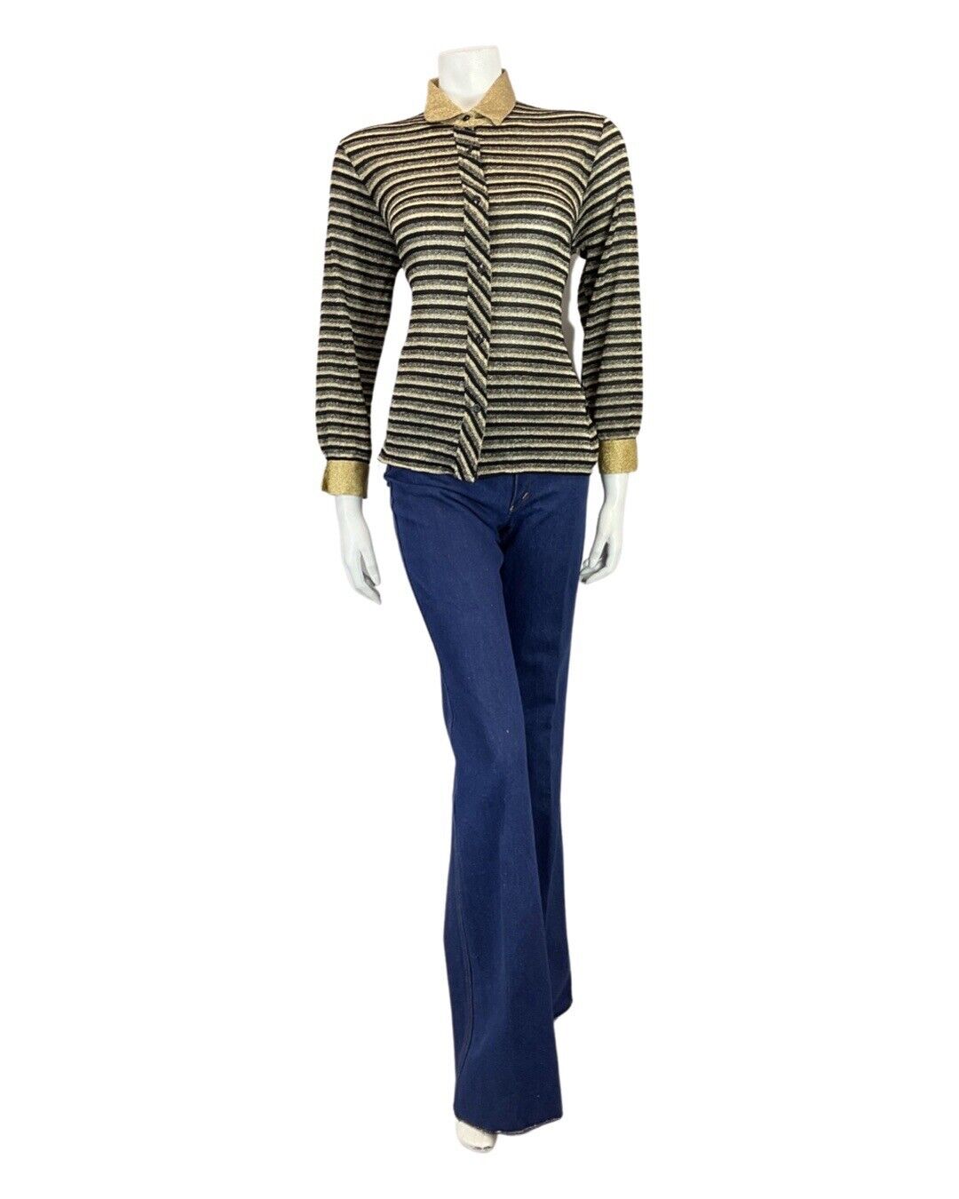 VINTAGE 60s 70s BLACK GOLD STRIPED DISCO PARTY MOD LUREX BLOUSE SHIRT 12 14