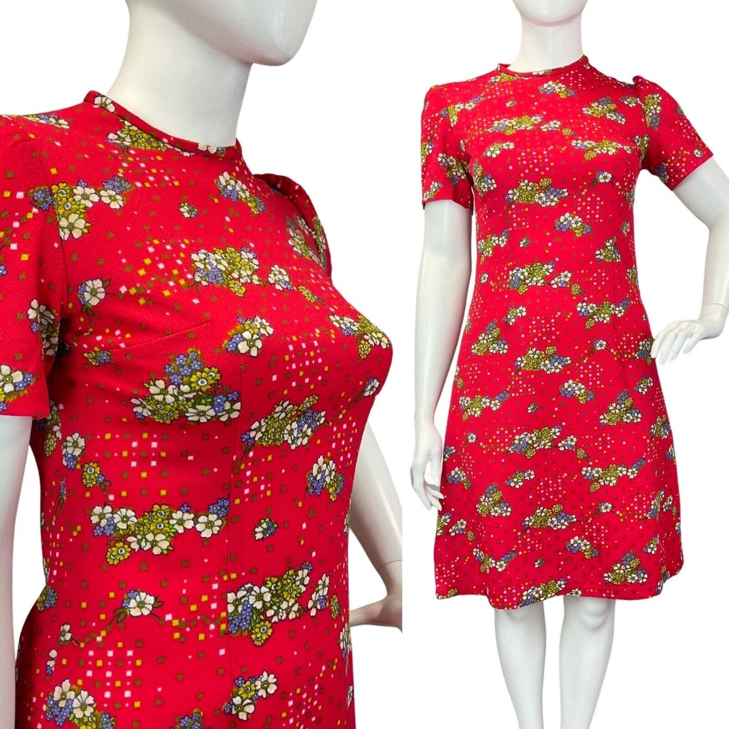 VINTAGE 60s 70s PILLARBOX RED BLUE GREEN DAISY FLOWER SQUARE MOD SUMMER DRESS 16