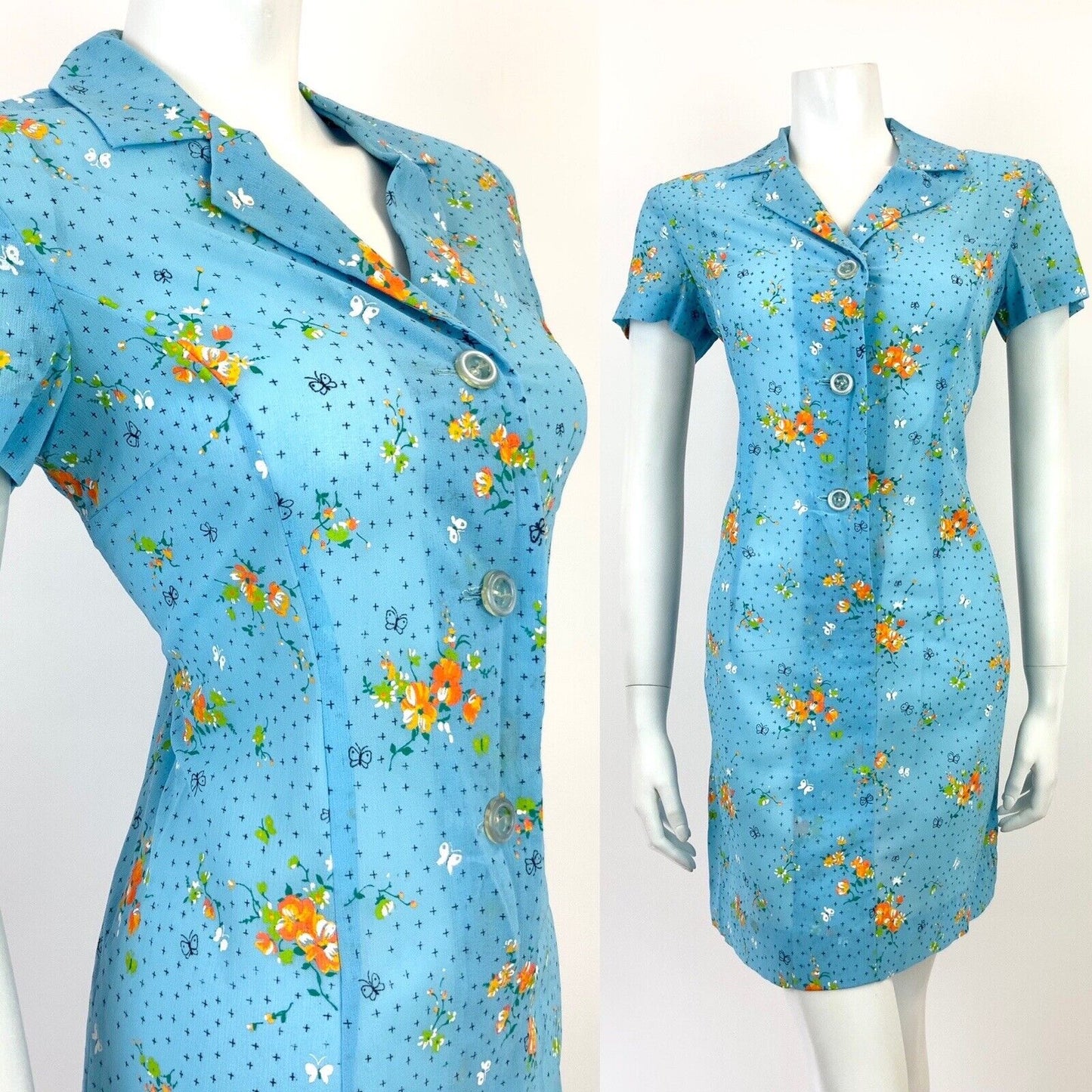 VTG 60s 70s BABY BLUE WHITE ORANGE FLORAL BUTTERFLY MOD SHEER SHIRT DRESS 10 12