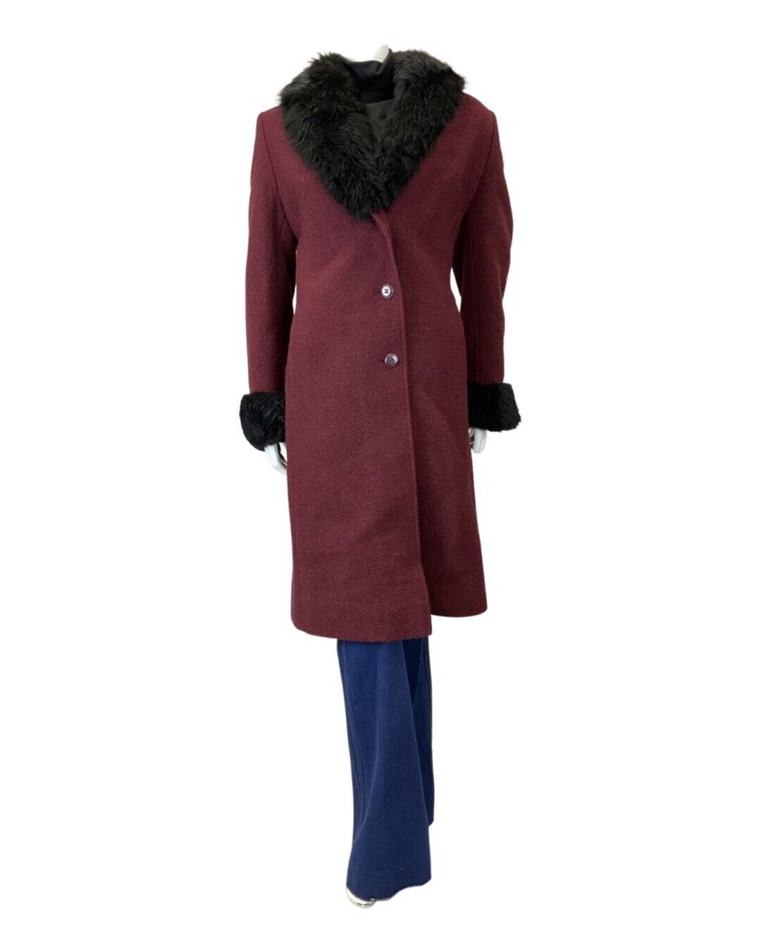 VINTAGE 60s 70s MAROON PURPLE BLACK FAUX FUR MOD MID-LENGTH WOOL COAT 14 16
