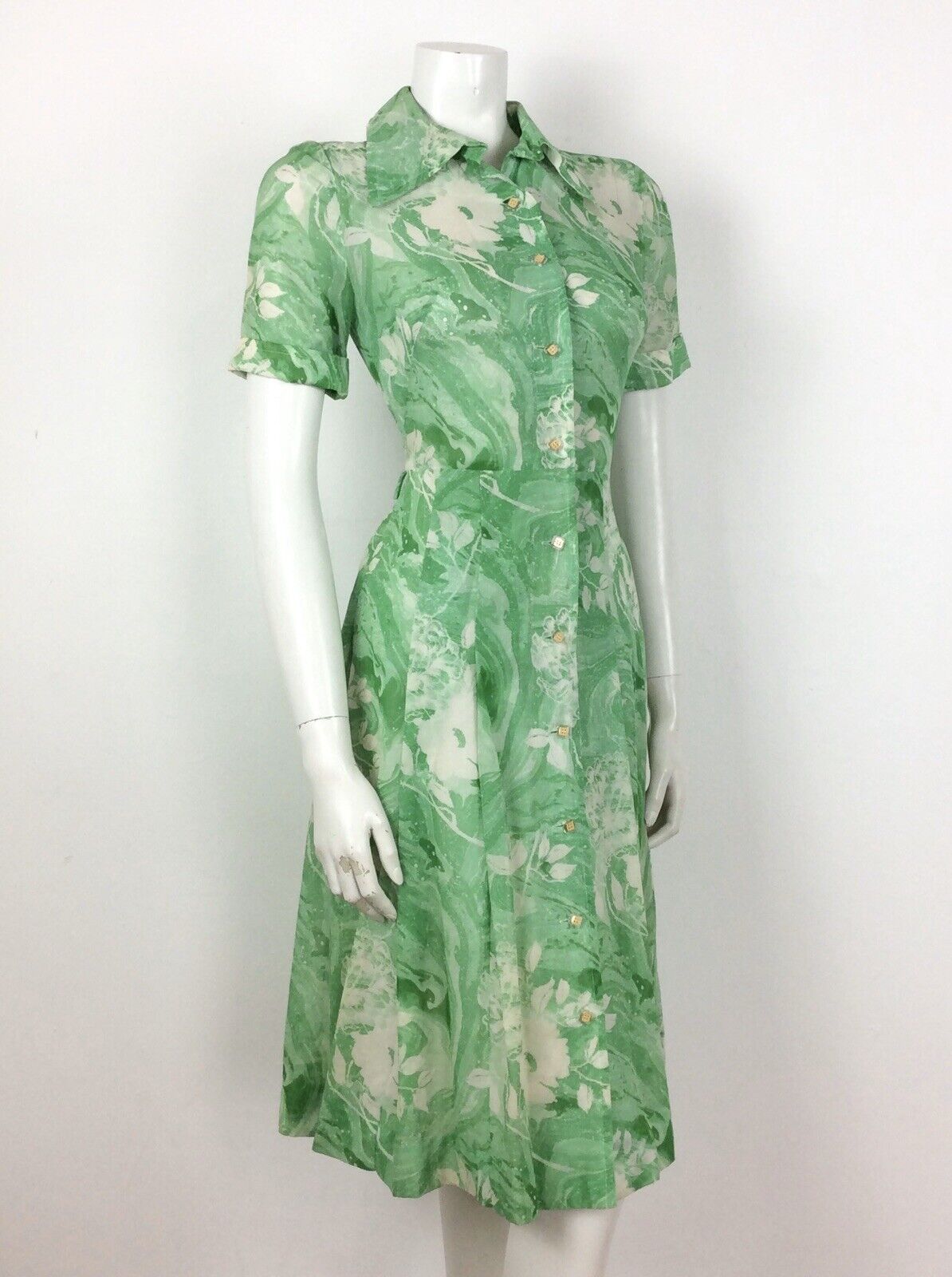 VINTAGE 60s 70s GREEN WHITE SWIRL PSYCHEDELIC SHIRT TEA DRESS 10 12